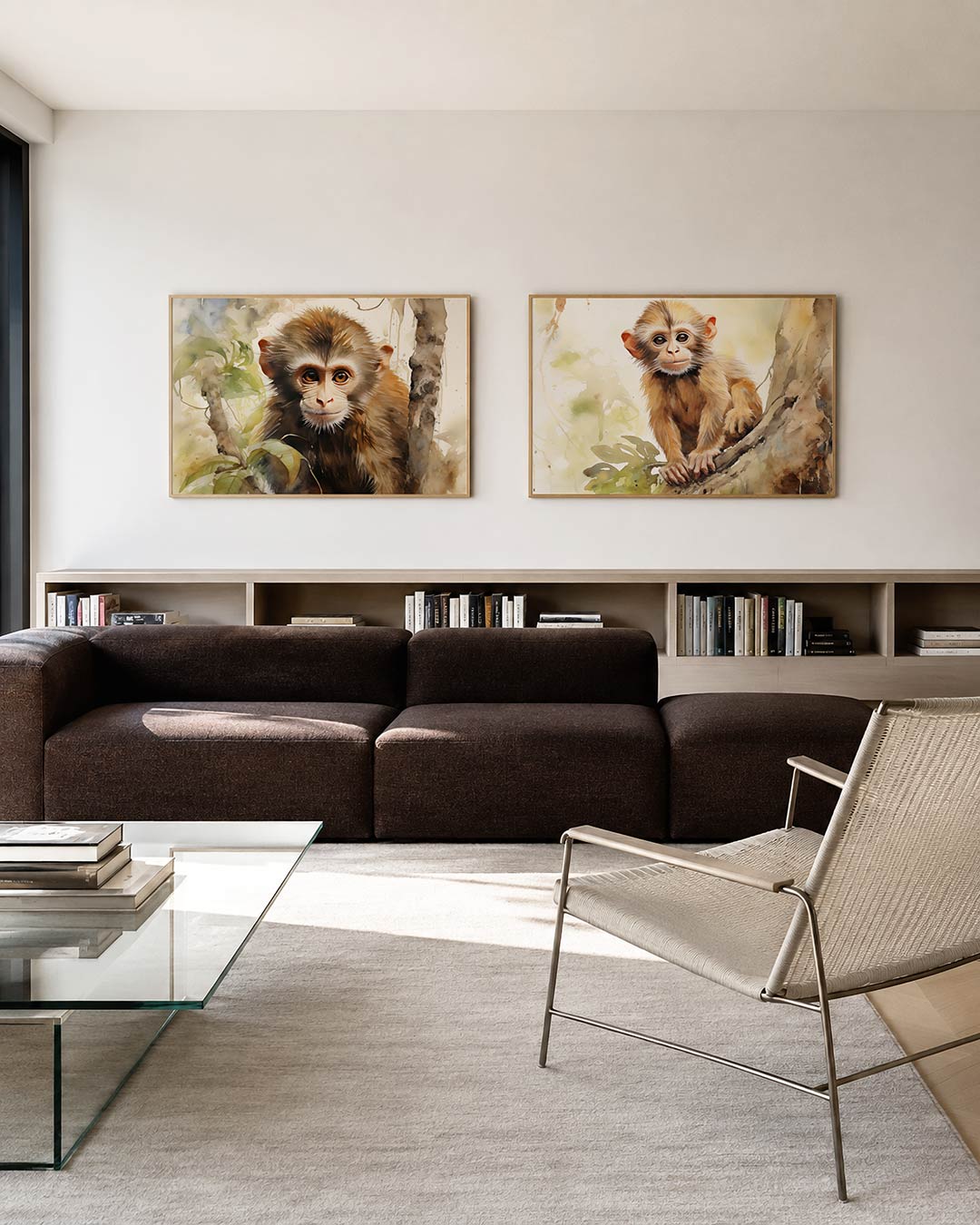 Tweedelige posterset met donkere tinten en een rustige visuele opbouw, getoond in een interieur