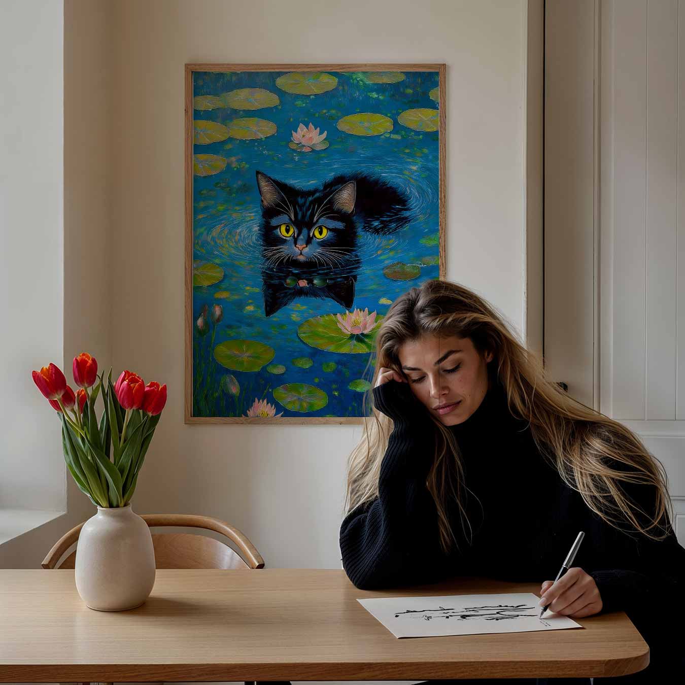 Zwemmende Kat in Waterlelies Poster-WallArtistic