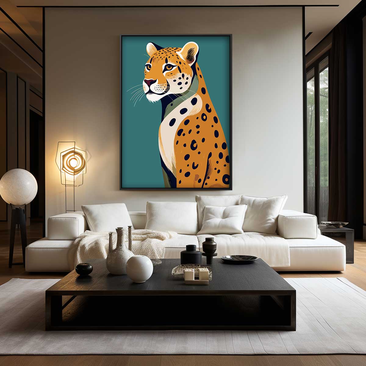 Majestätischer Leopard auf türkisfarbenem Hintergrund (Kunstwerk)