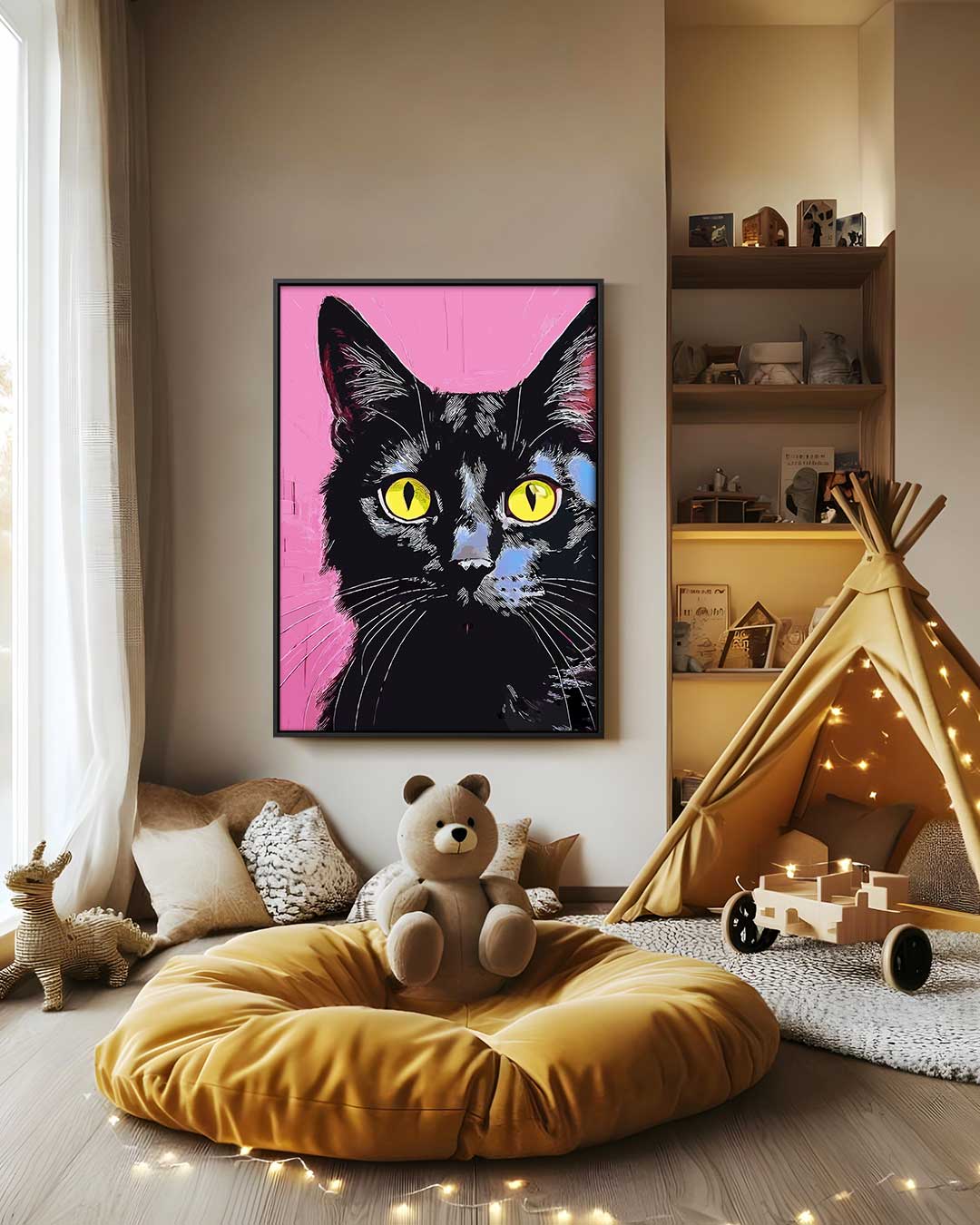 Kunstwerk: Katze mit gelben Augen auf rosa Hintergrund