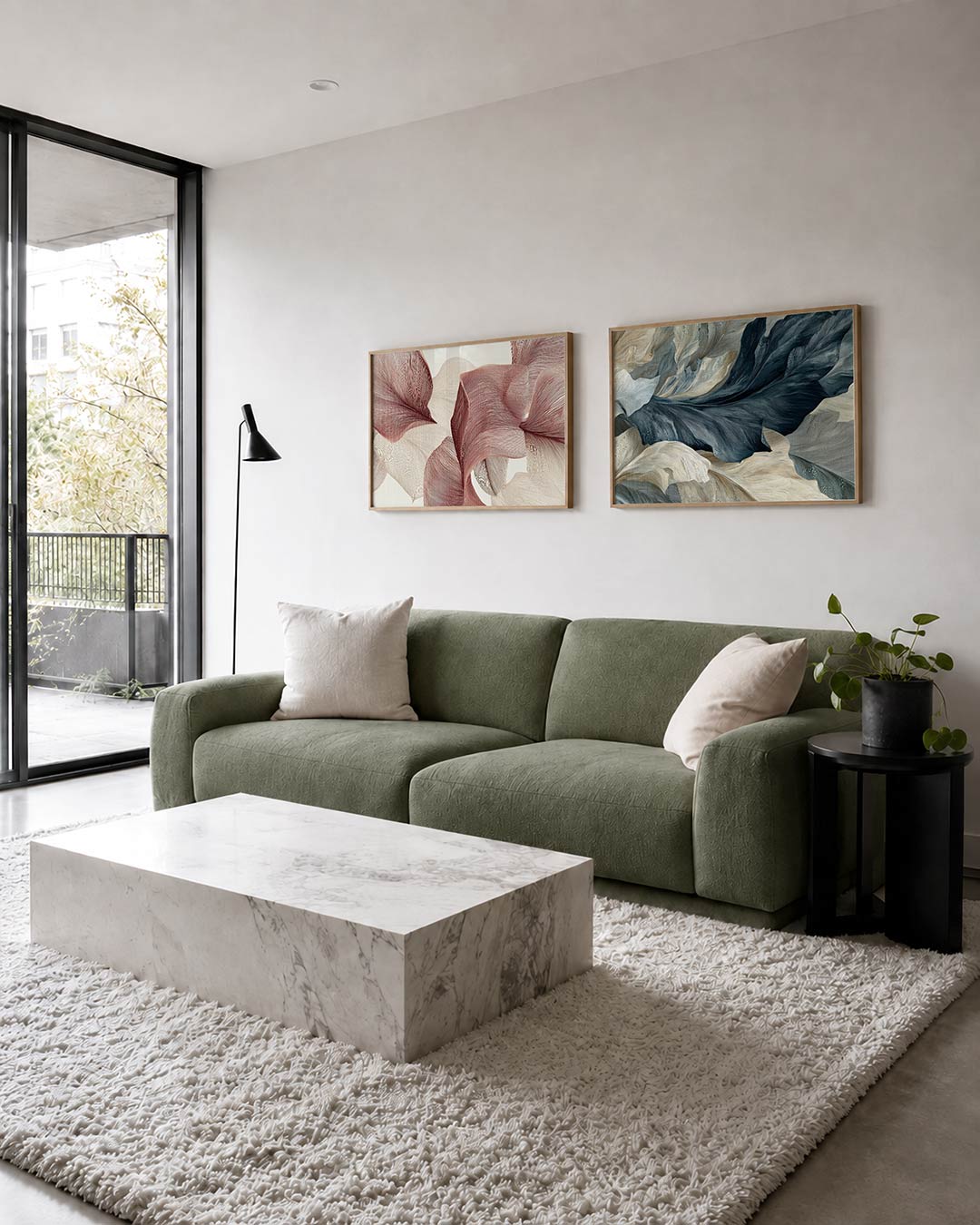 Twee liggende posters met vloeiende lijnen in zachte tinten, aan de muur in een interieur