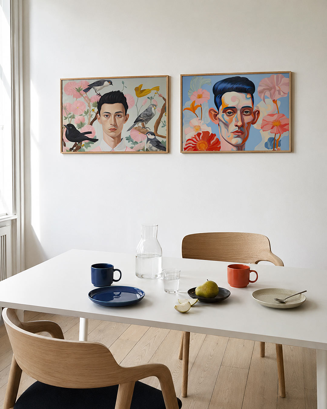 Twee liggende posters met een jonge man omringd door kleurrijke vogels en roze bloemen, aan de muur in een interieur