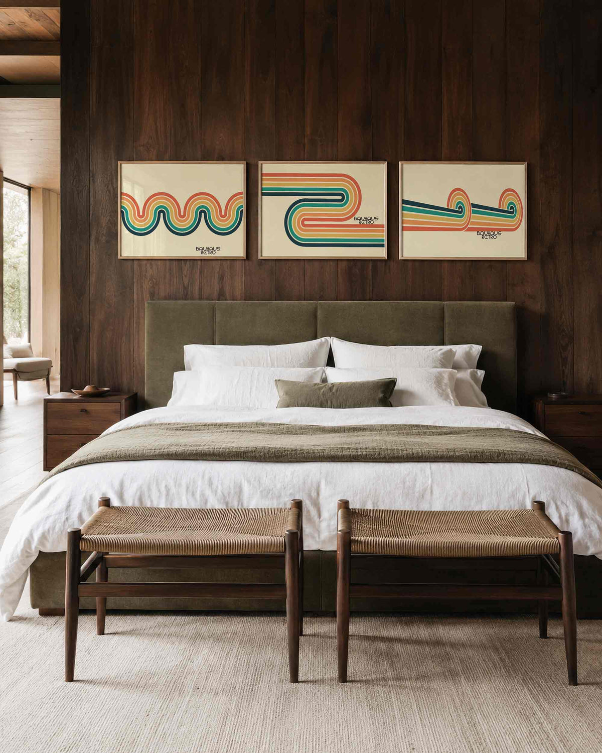 Interieurmockup van drieluik landscape-posterset met gestreepte kleurbogen