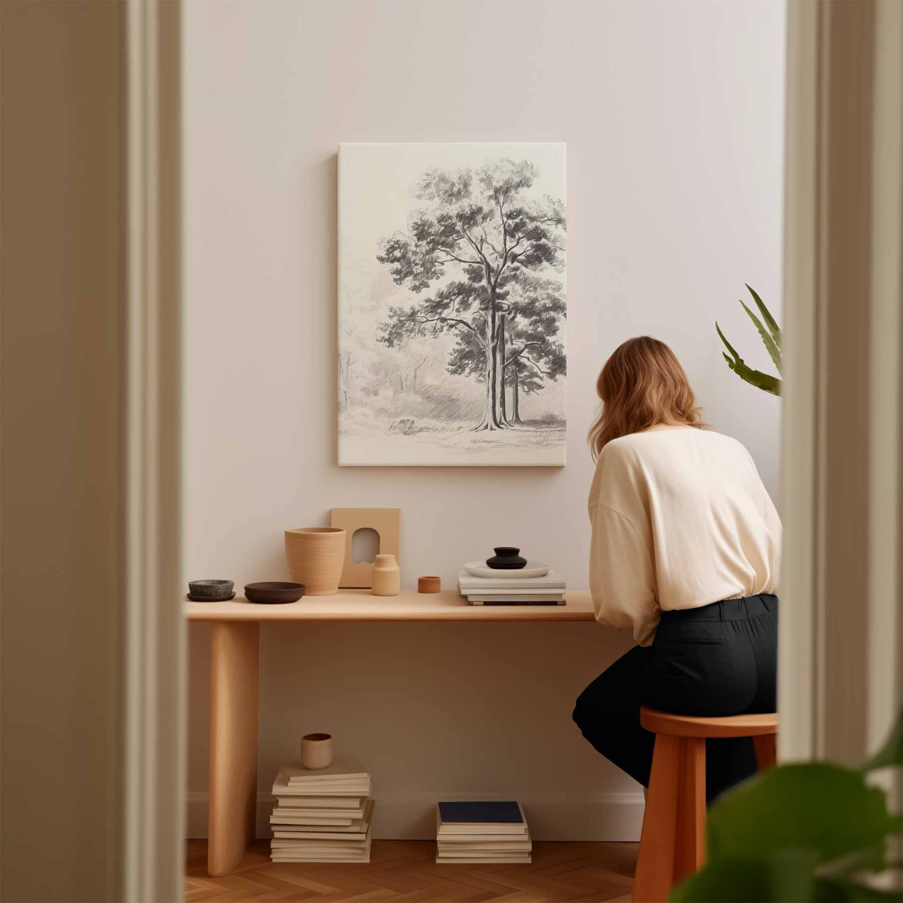 Sereen Boslandschap in Potlood Kunstwerk-canvas-dibond-plexiglas-wanddecoratie-WallArtistic