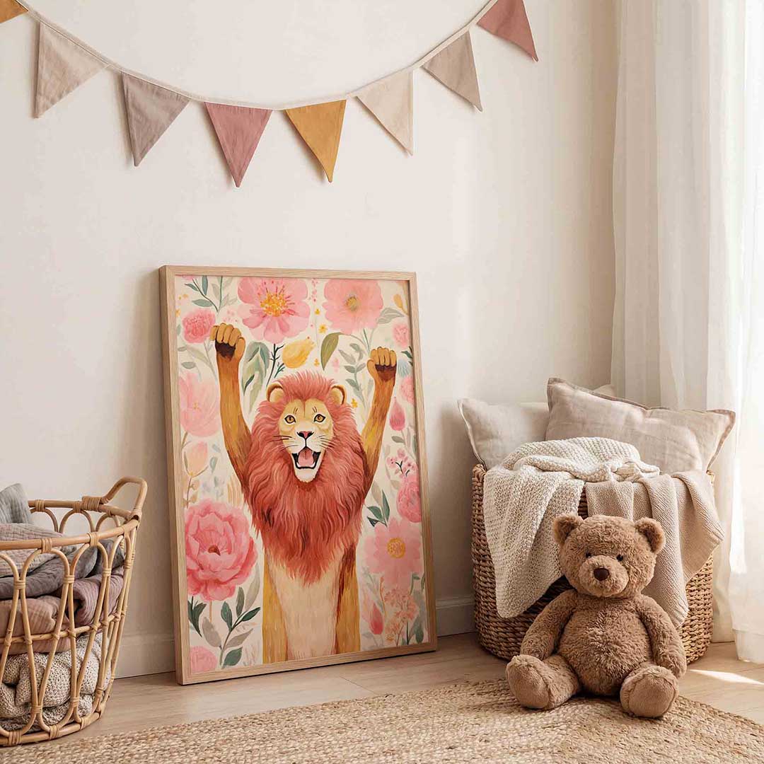 Leeuw en bloemen Poster