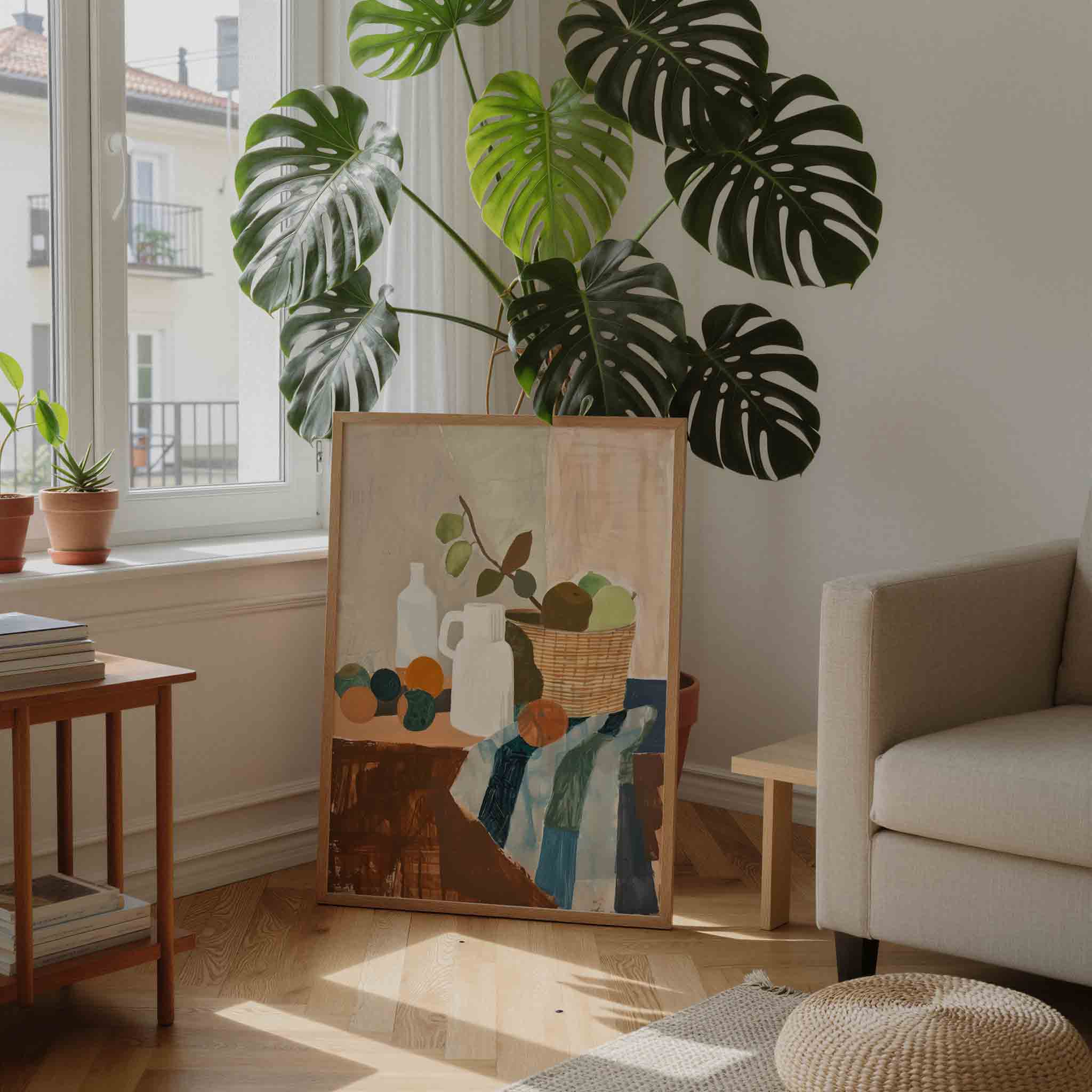 Stilleven met fruit en flessen Poster