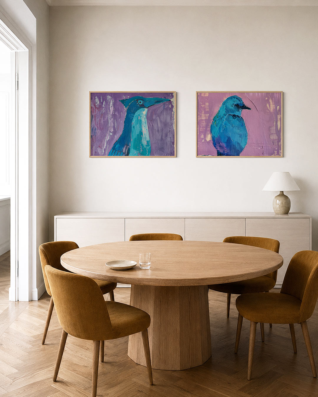 Twee liggende posters met een speelse vogelvorm in blauw en turquoise, aan de muur in een interieur