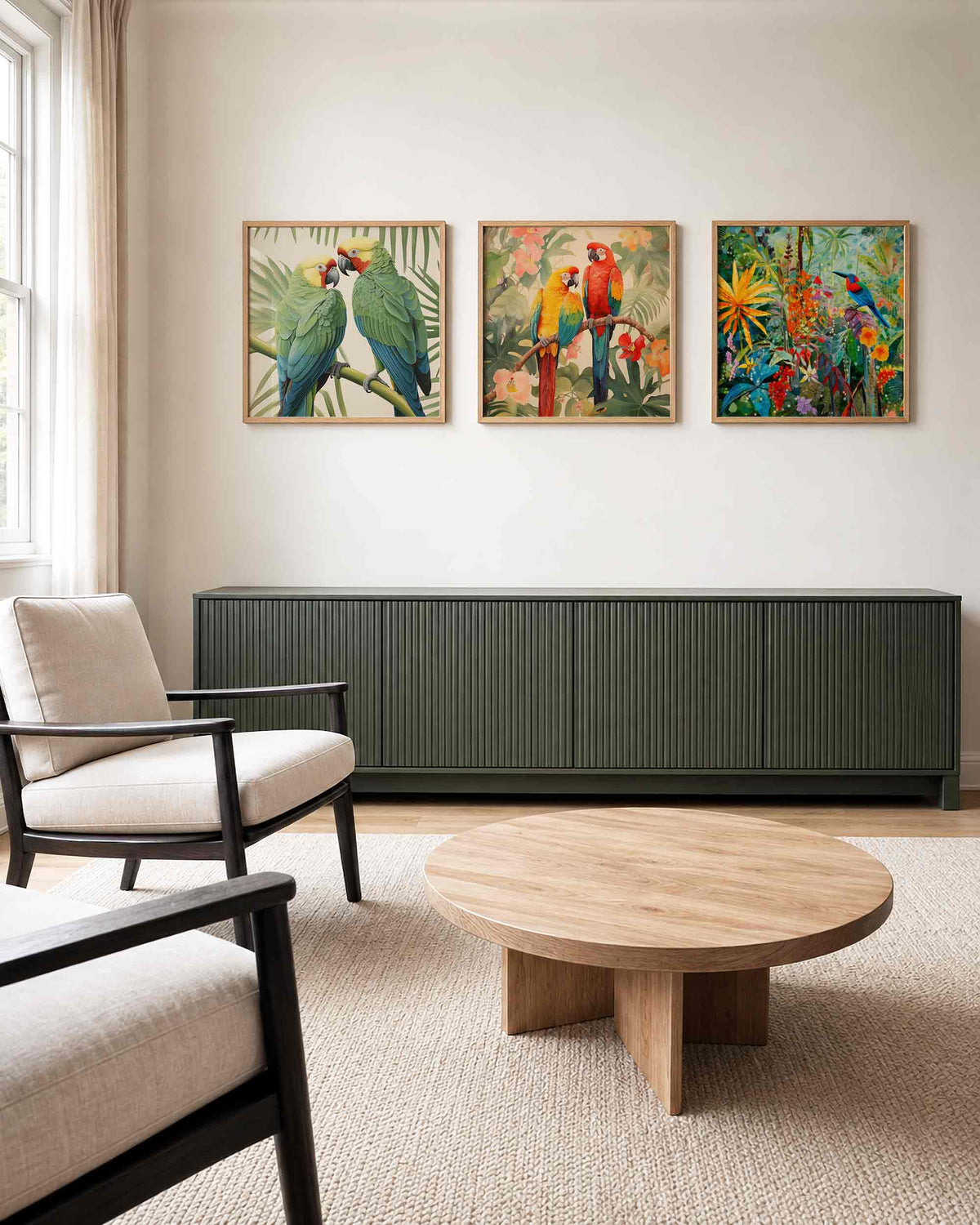Interieurpresentatie van een driedelige vierkante posterset met tropische vogels