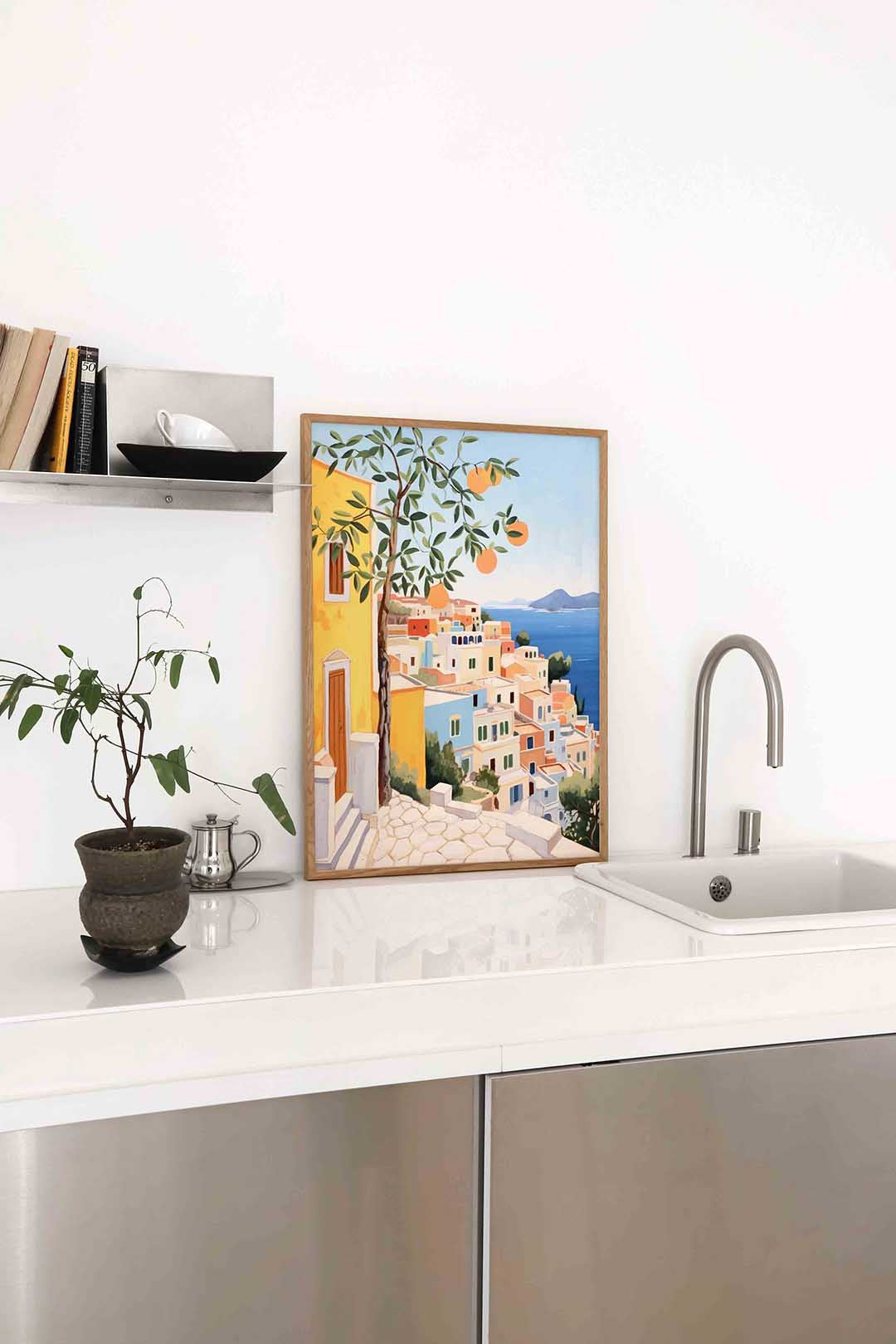 Mediterrane huizen en sinaasappelboom Poster