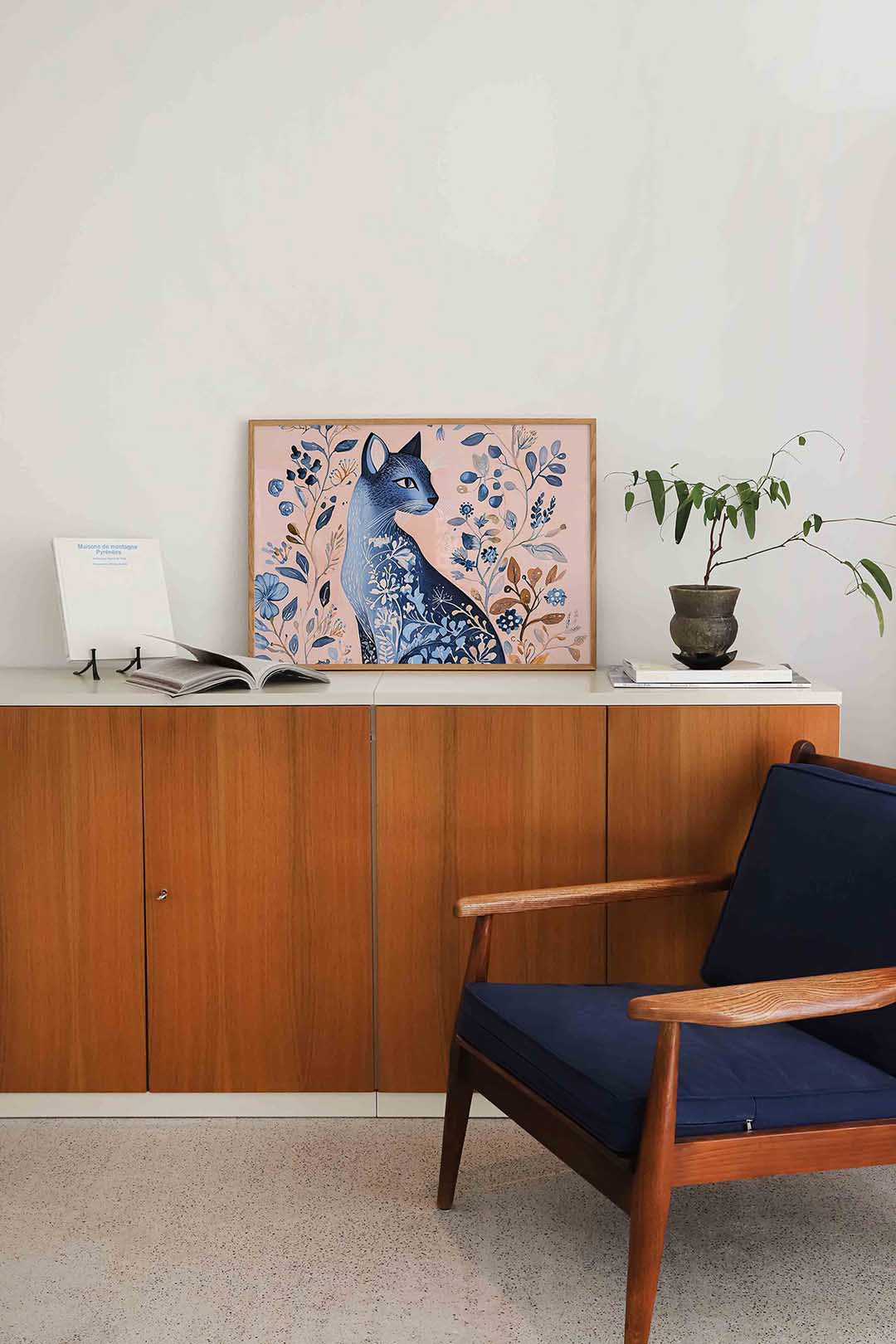 Blauwe kat met bloemen Poster