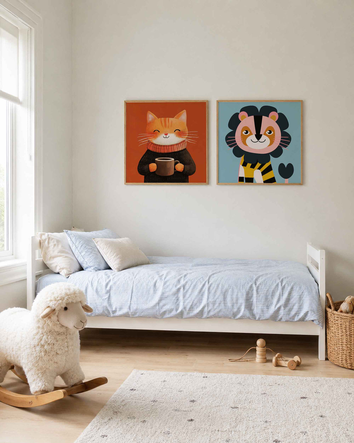 Interieurpresentatie van een tweedelige vierkante posterset met kat en tijger