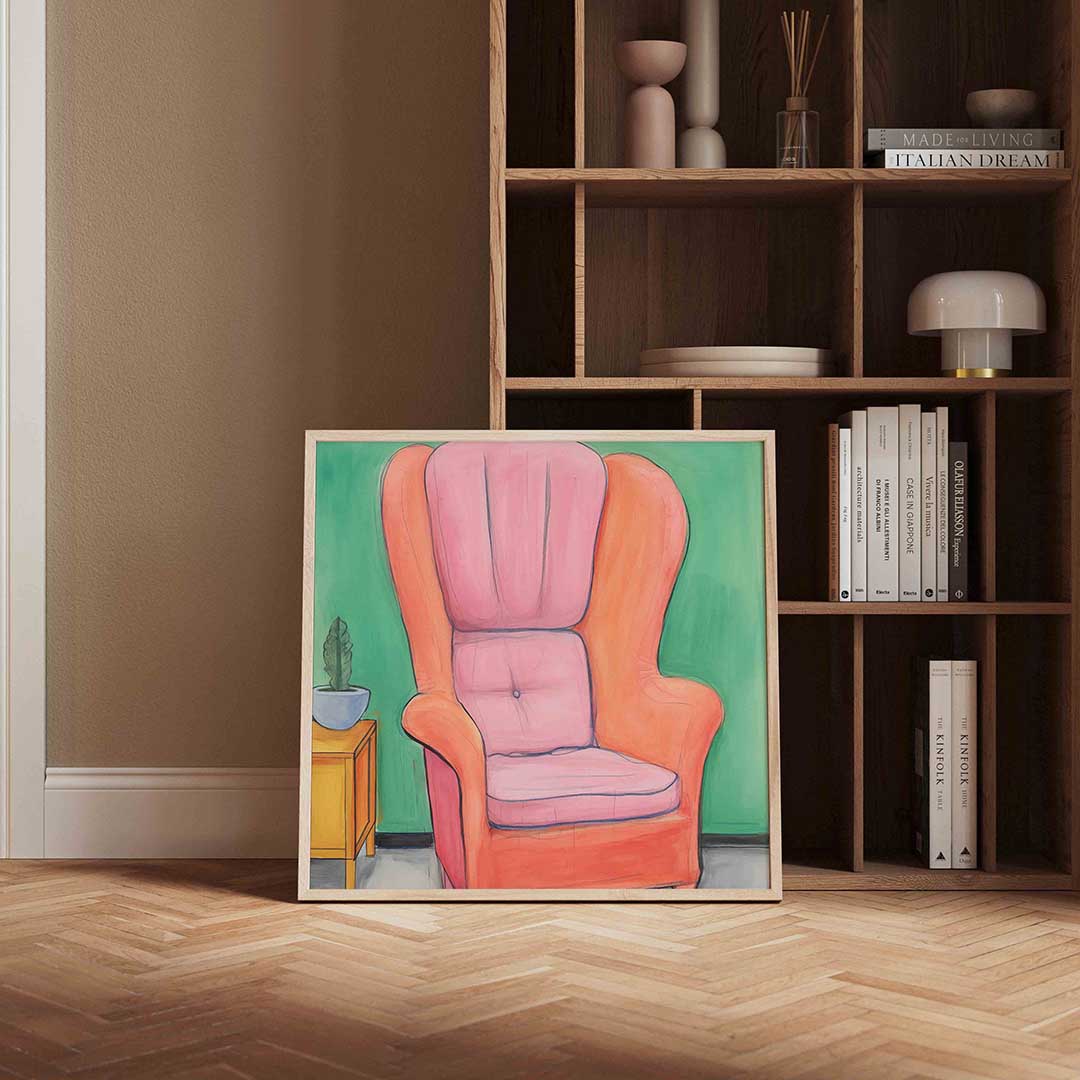 Roze fauteuil en groene muur Poster