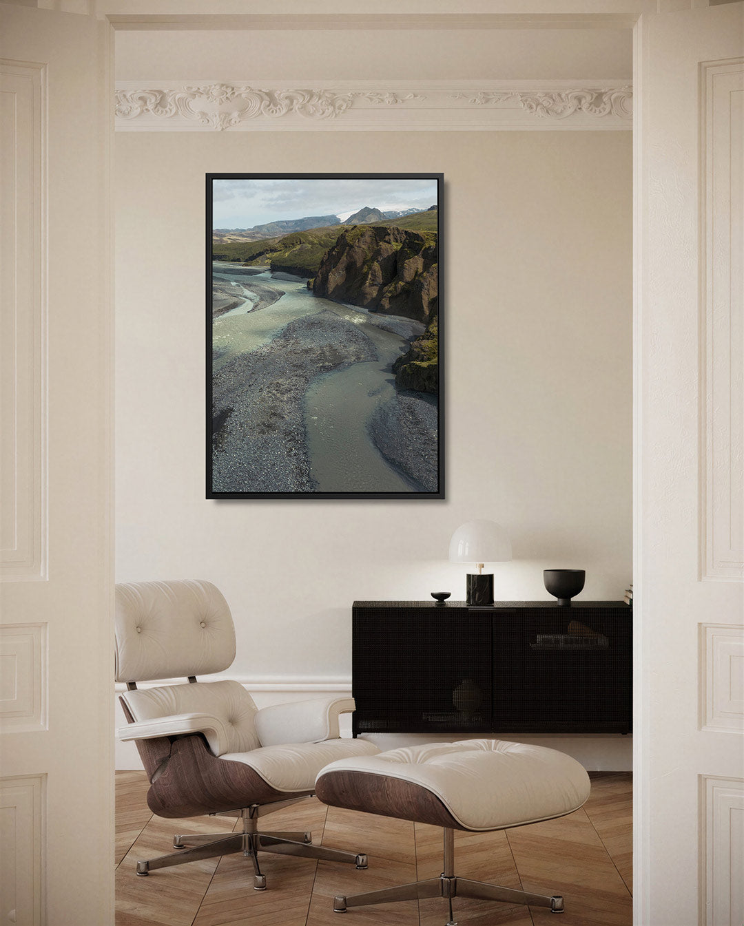 Rivierlandschap met bergen Kunstwerk