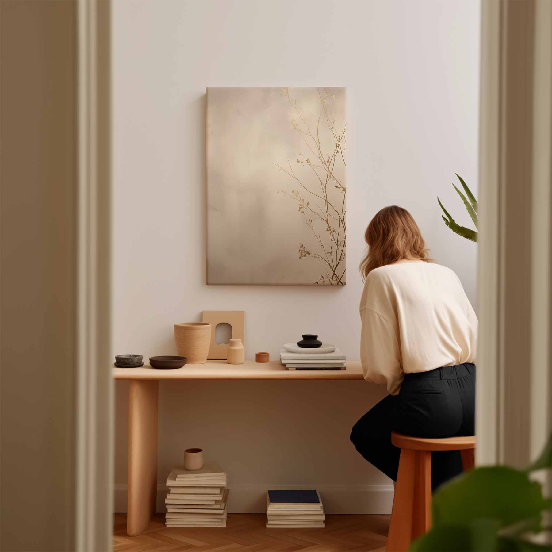 Gouden Zweepslag: Minimalistische Takken Kunstwerk-canvas-dibond-plexiglas-wanddecoratie-WallArtistic