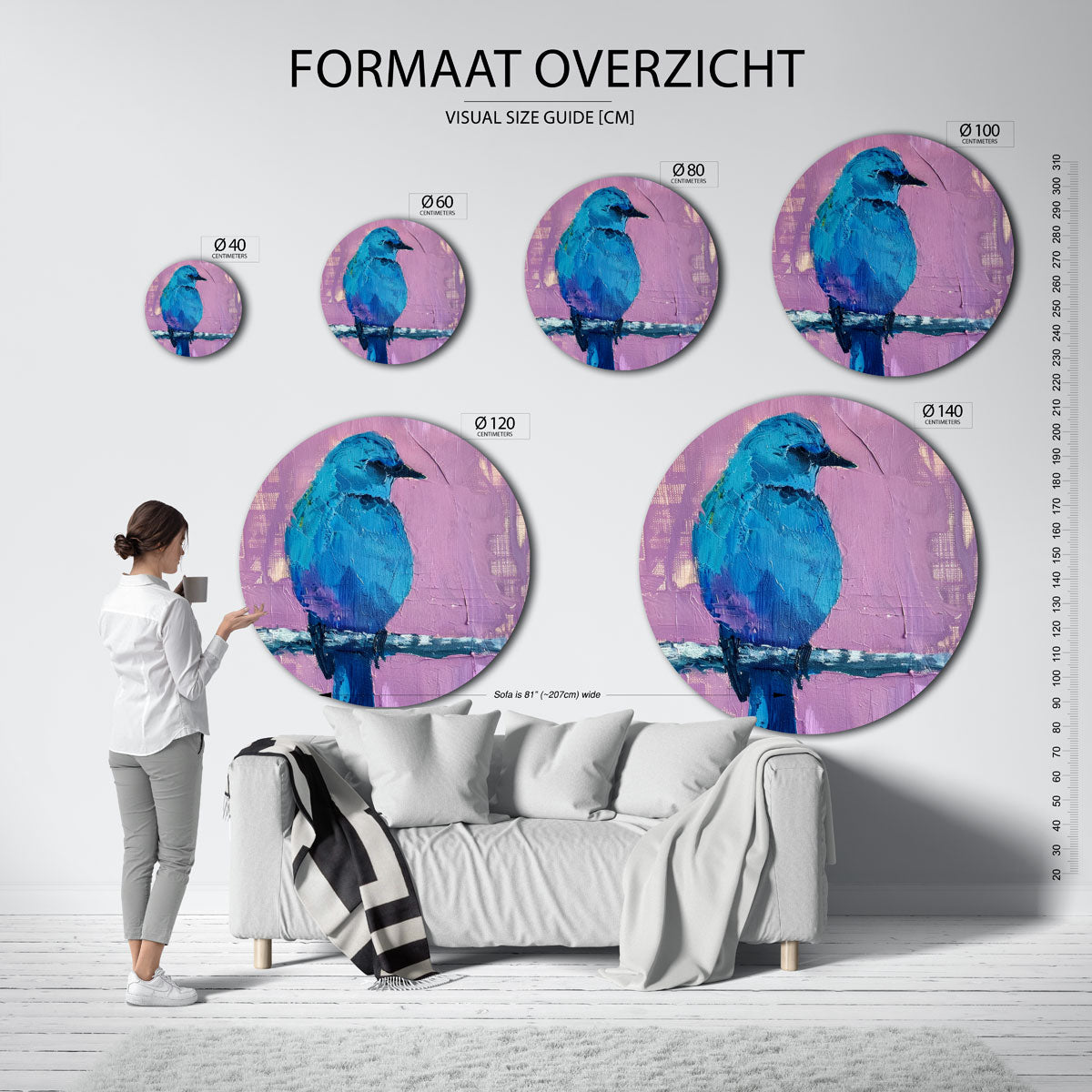 Blauwe vogel op paarse achtergrond Muurcirkel