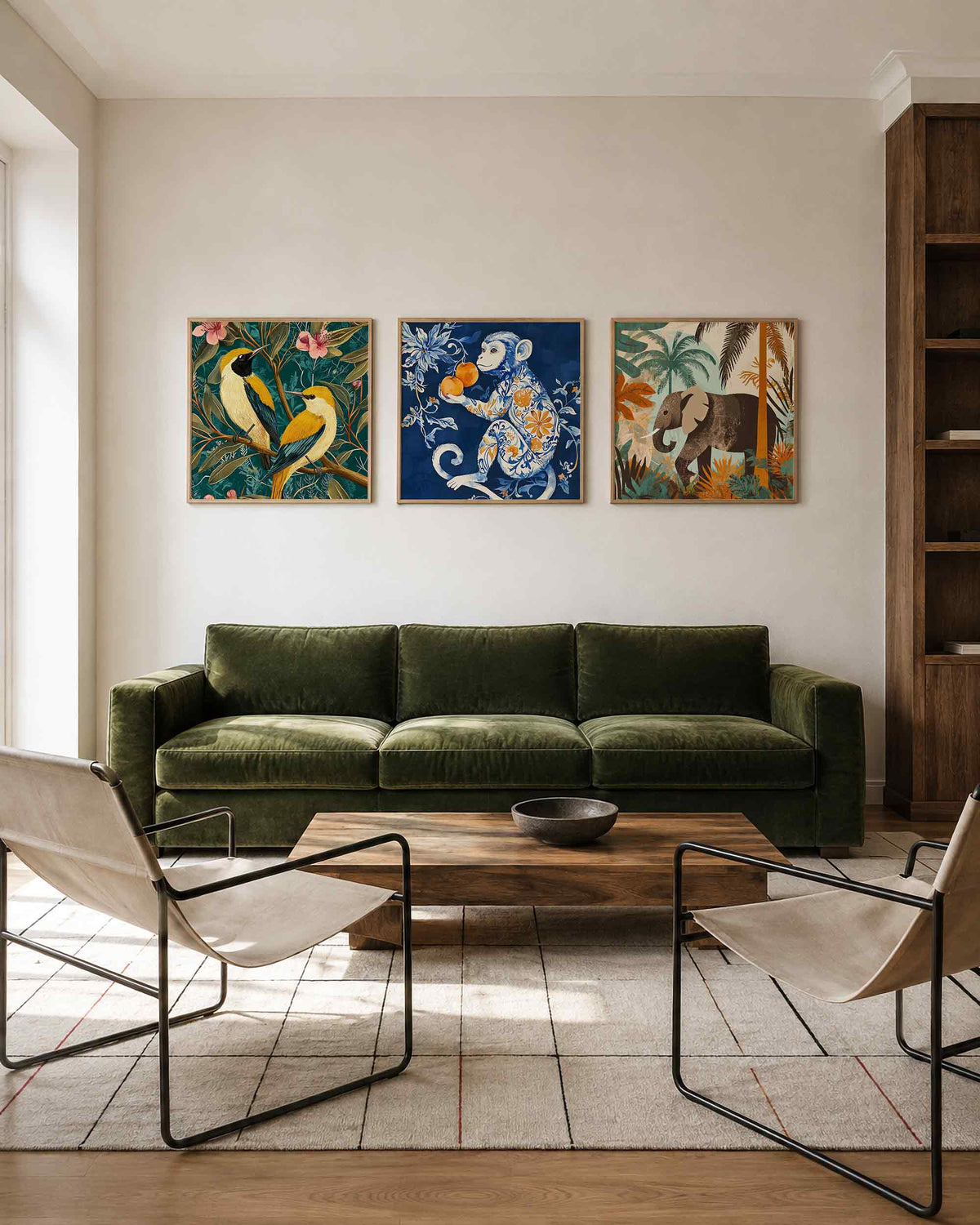 Interieurpresentatie van een driedelige vierkante posterset met tropische dieren