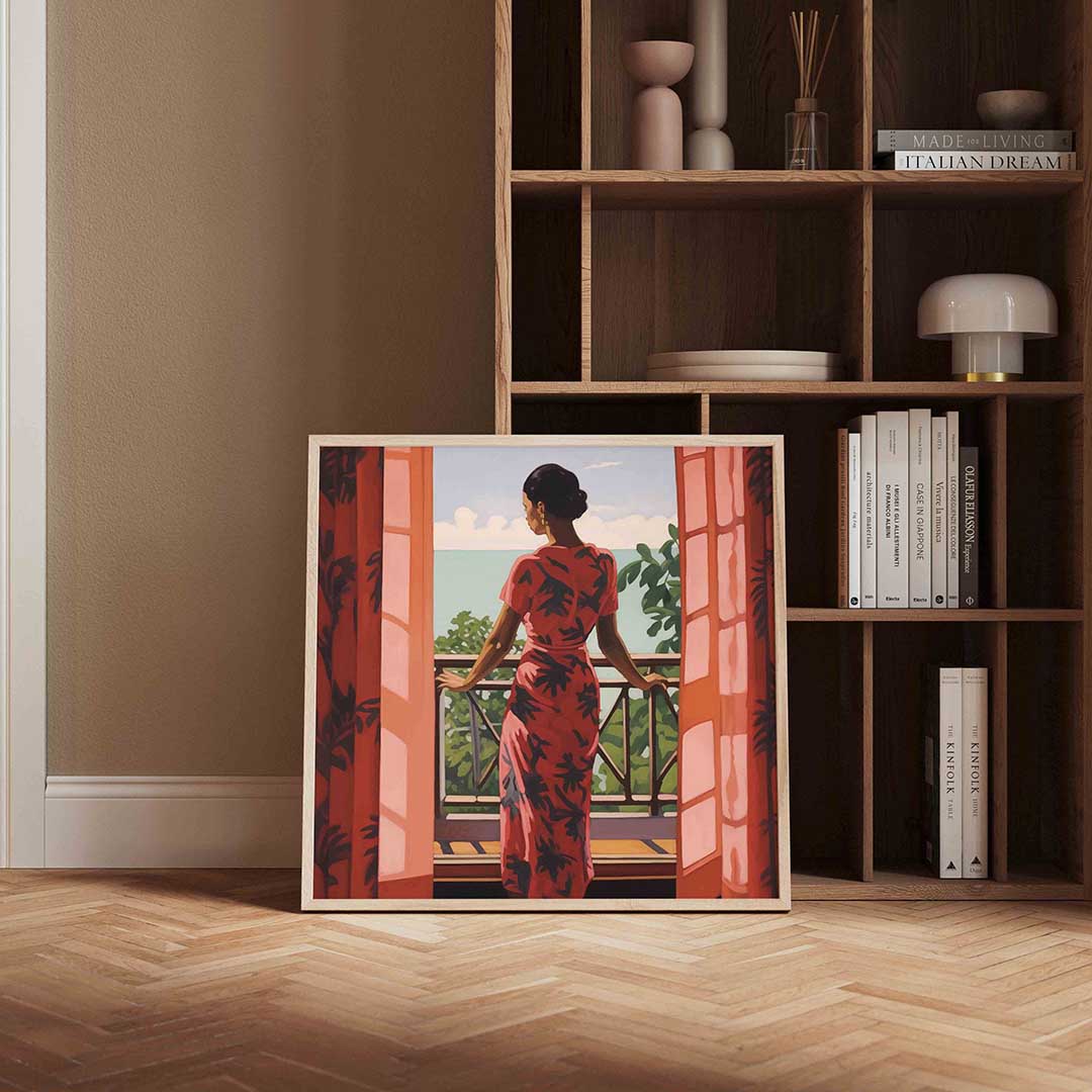 Vrouw op balkon Poster