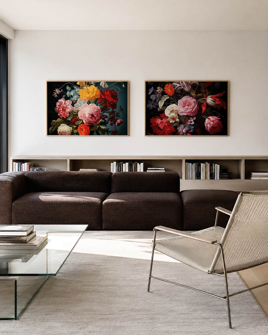 Twee liggende posters met een levendige verzameling bloemen in rijke kleuren, aan de muur in een interieur