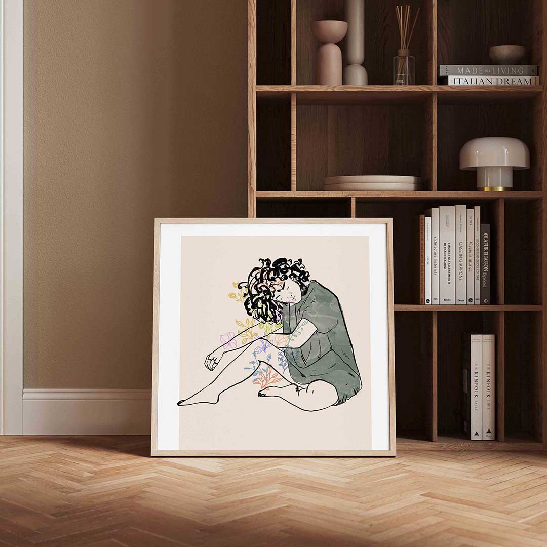 Zittende figuur met bloemen Poster