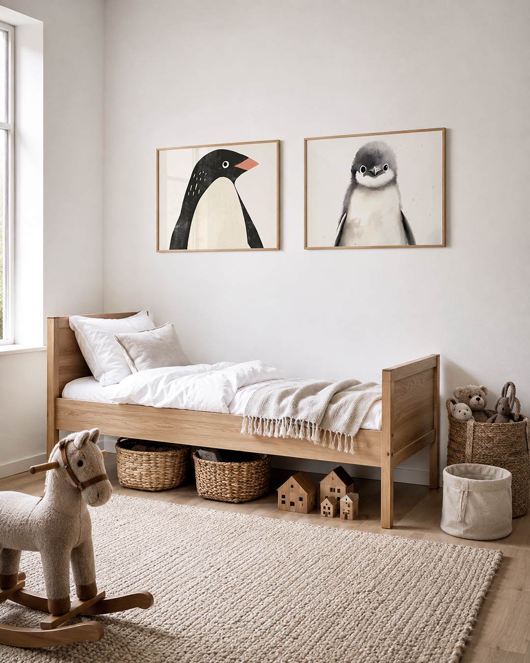 Interieurpresentatie van twee posters met een speelse pinguïn met een zwart-wit kleurenschema