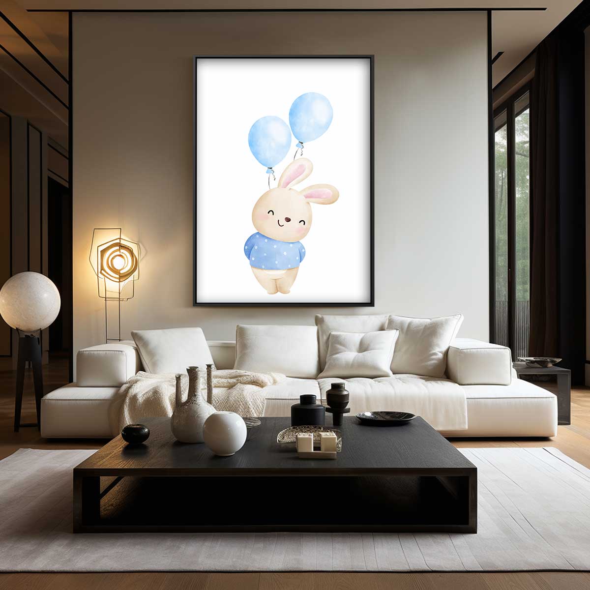 Vrolijk Konijntje met Ballonnen Kunstwerk-canvas-dibond-plexiglas-wanddecoratie-WallArtistic