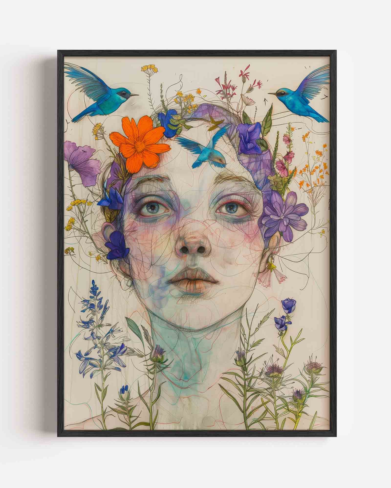 Vrouw met bloemen en vogels Poster