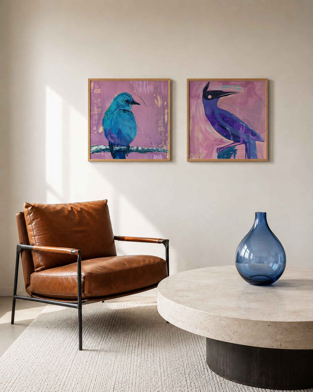 Interieurpresentatie van een tweedelige vierkante posterset met blauwe vogels