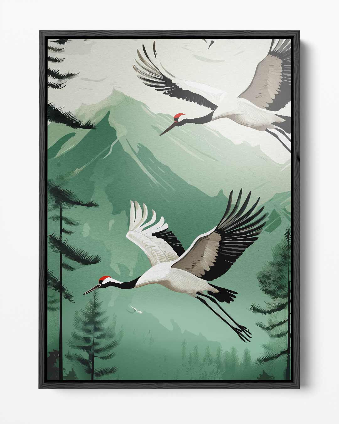 Kunstwerk: Fliegende Kraniche in einer Berglandschaft