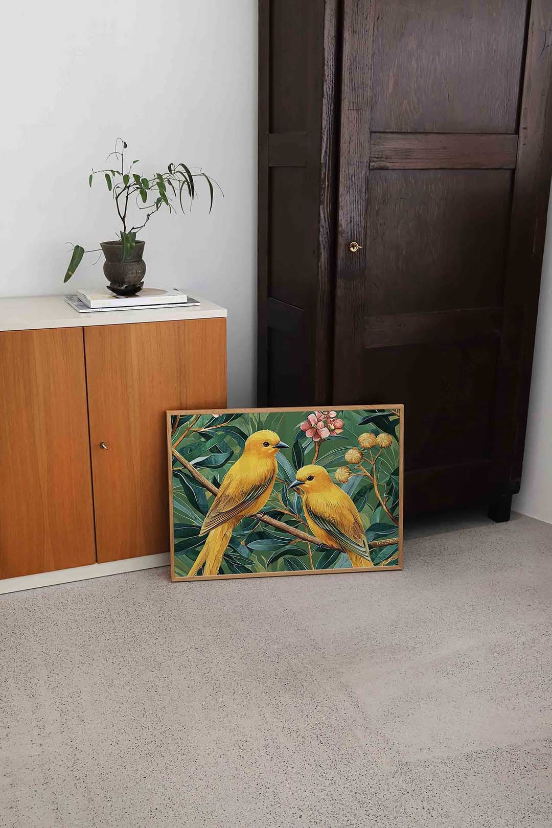 Gele vogels en bladeren Poster