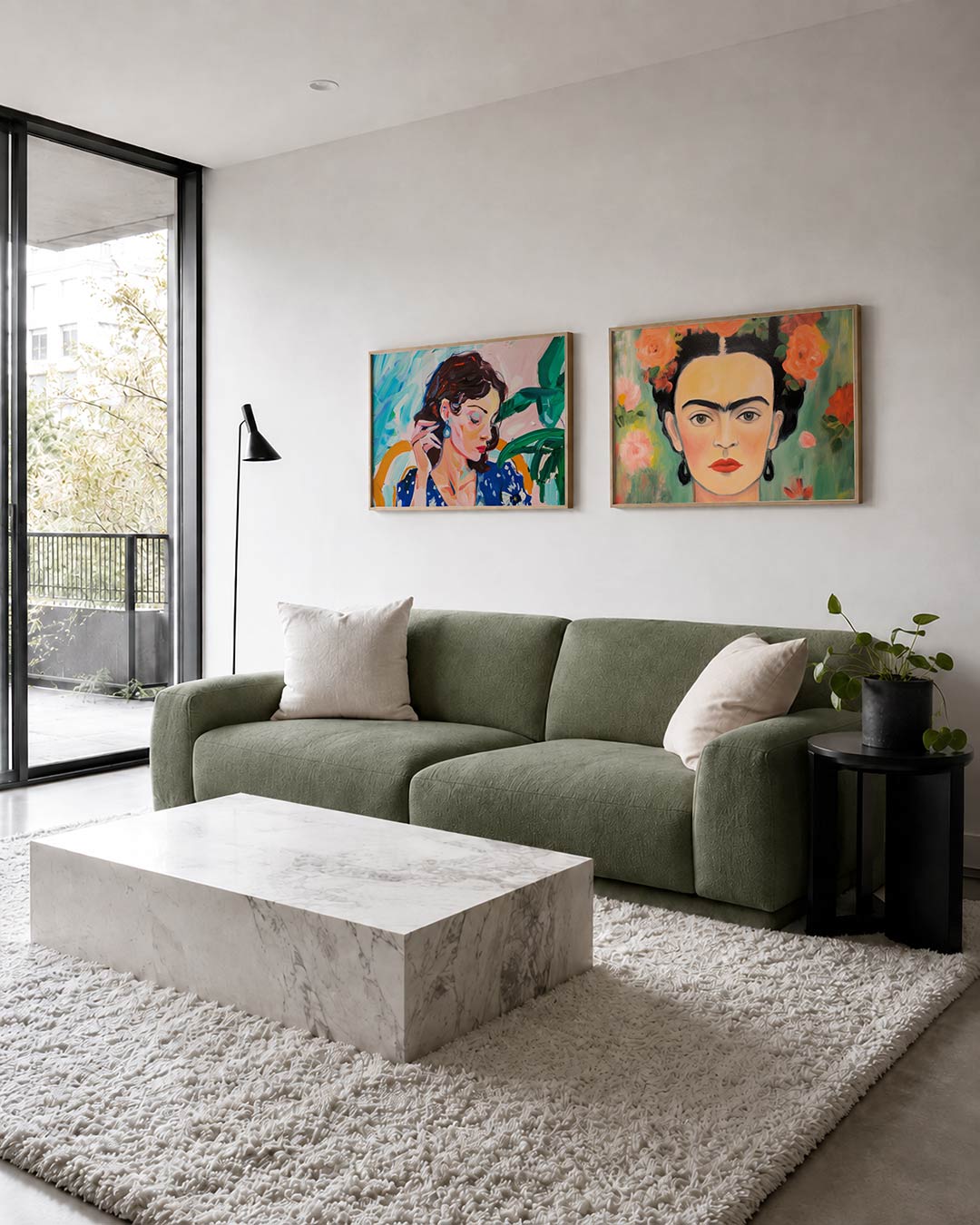Twee liggende posters met een vrouw met levendige kleuren en vloeiende penseelstreken, aan de muur in een interieur
