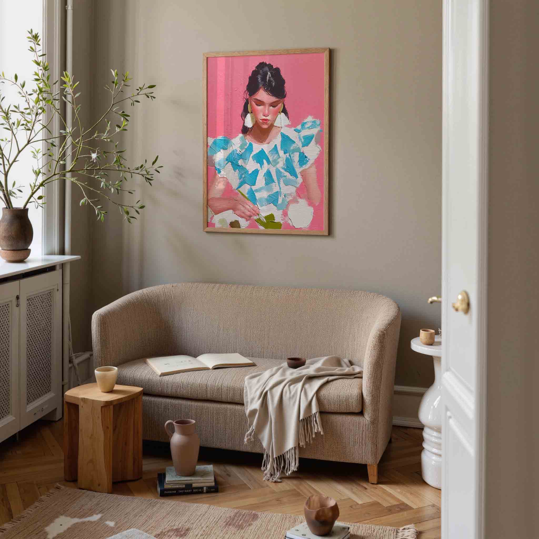 Vrouw met roze achtergrond Poster