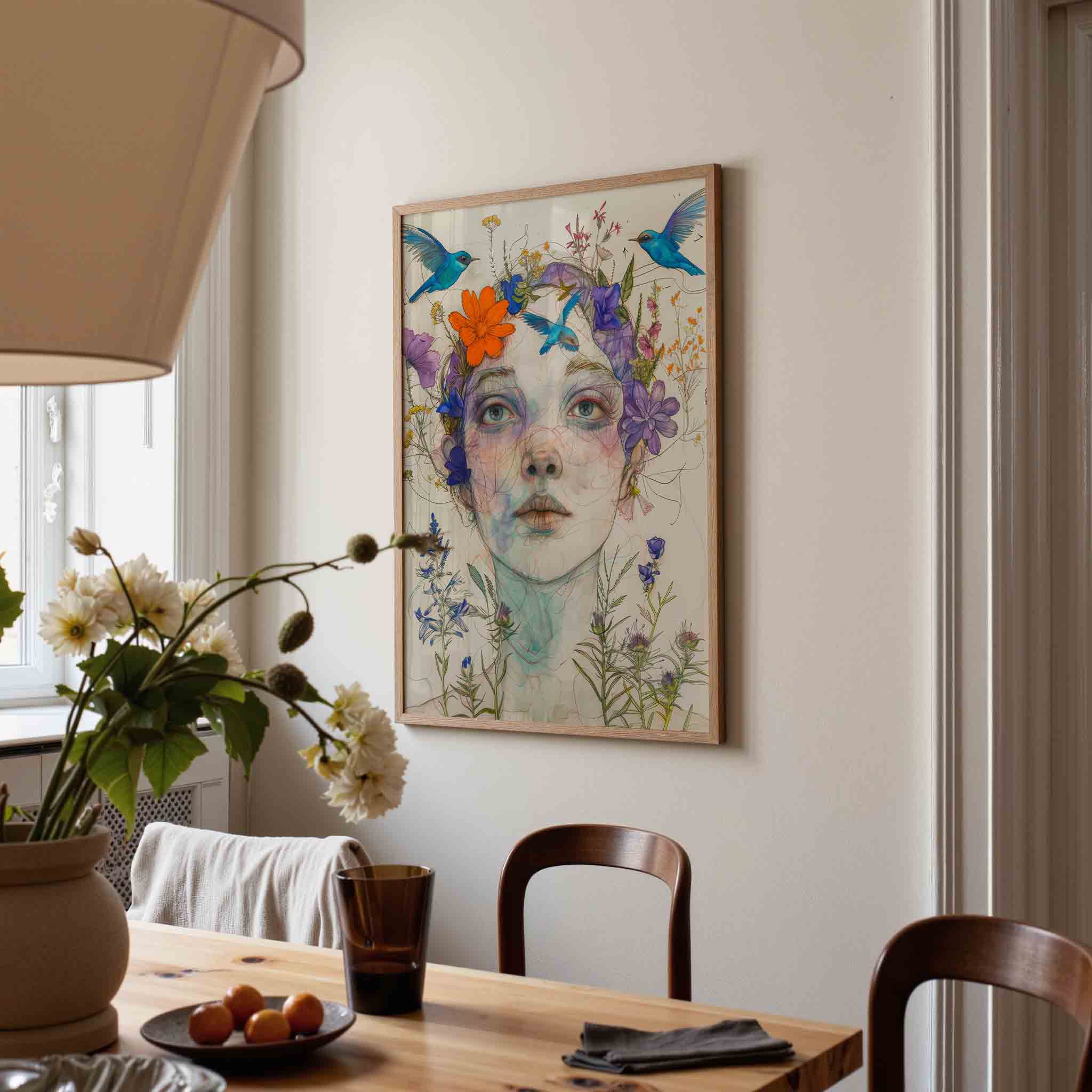 Vrouw met bloemen en vogels Poster