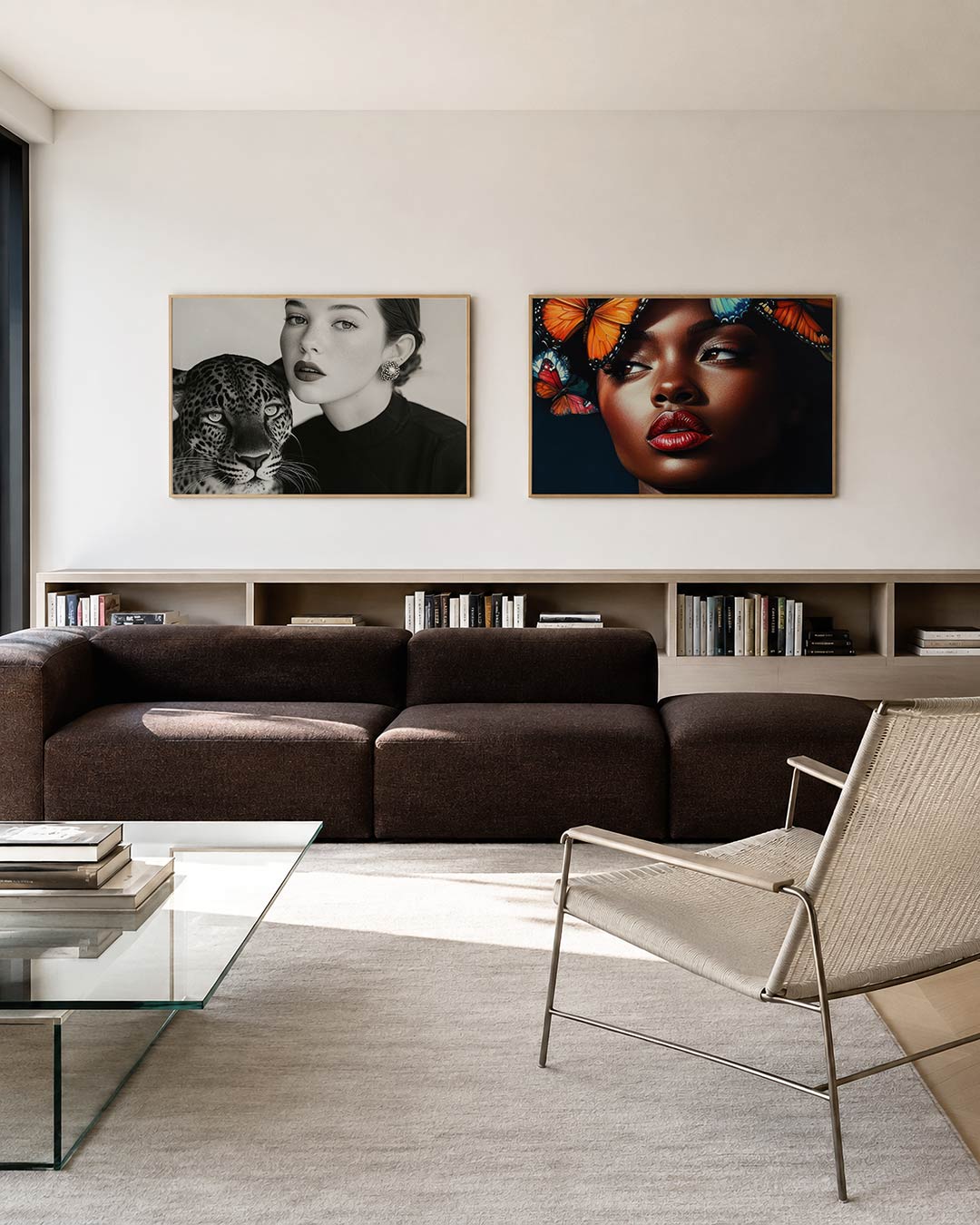 Twee liggende posters met donkere tinten en een rustige visuele opbouw, aan de muur in een interieur