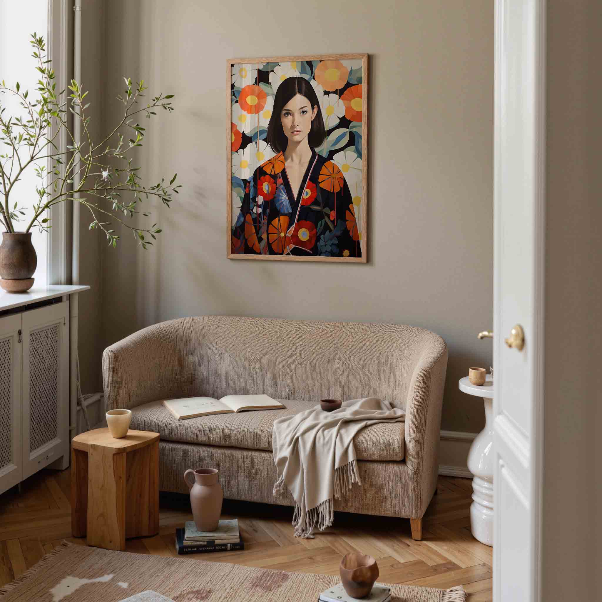 Vrouw met bloemenachtergrond Poster