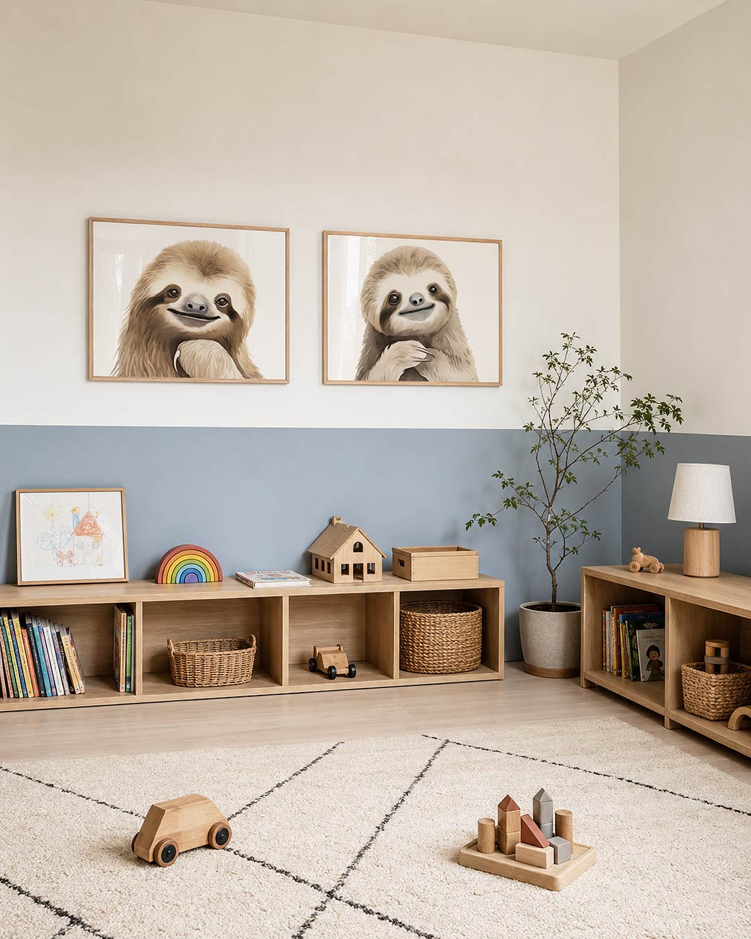 Twee liggende posters met donkere tinten en een rustige visuele opbouw, aan de muur in een interieur
