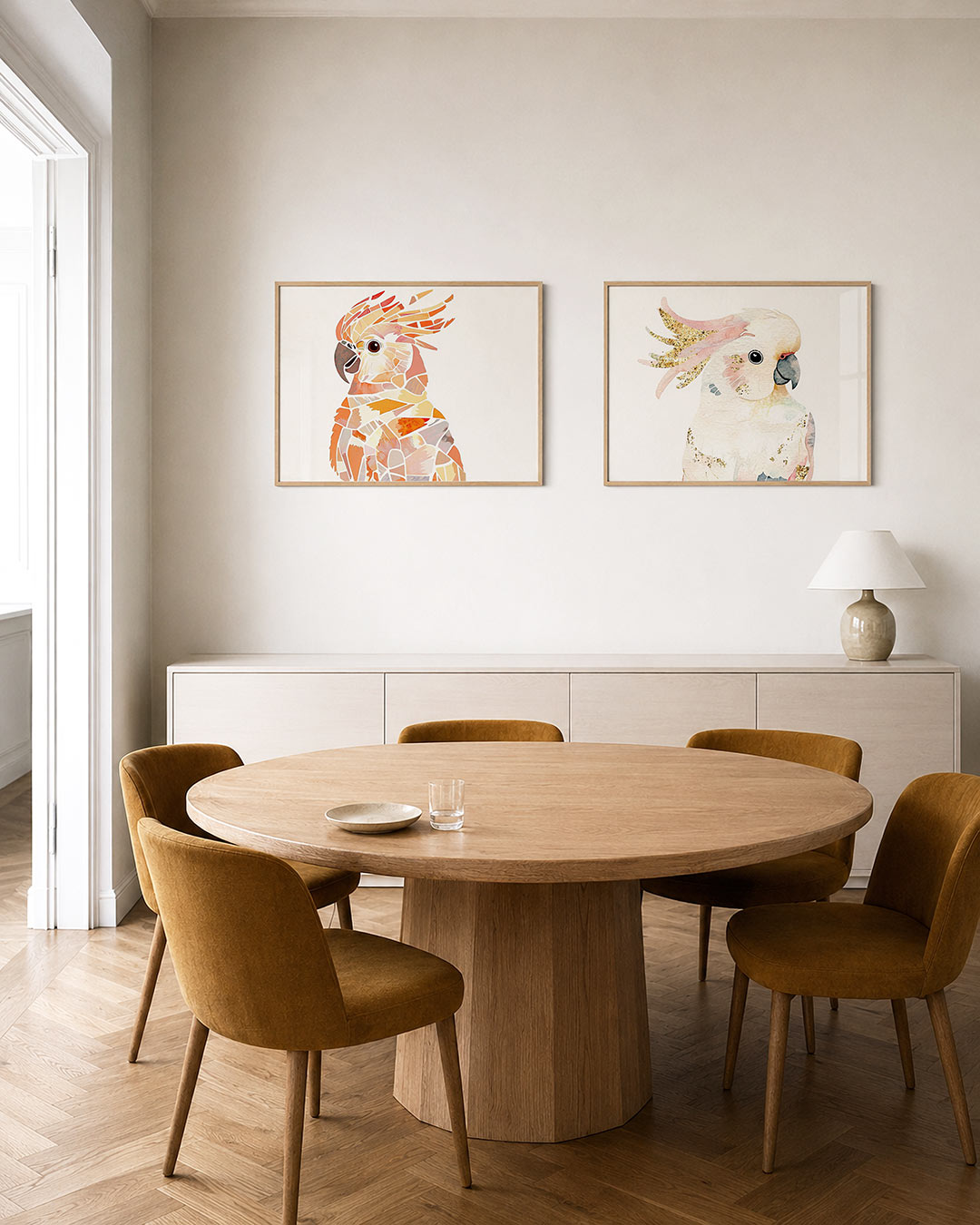 Interieurpresentatie van twee posters met een vogel opgebouwd uit diverse kleurvlakken