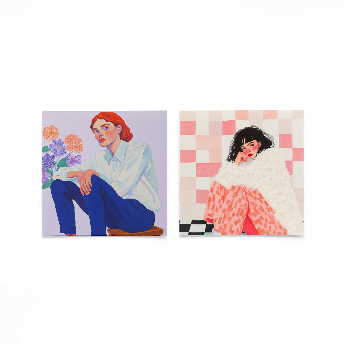 Twee vierkante posters met portretten met bloemen op een gebroken witte achtergrond