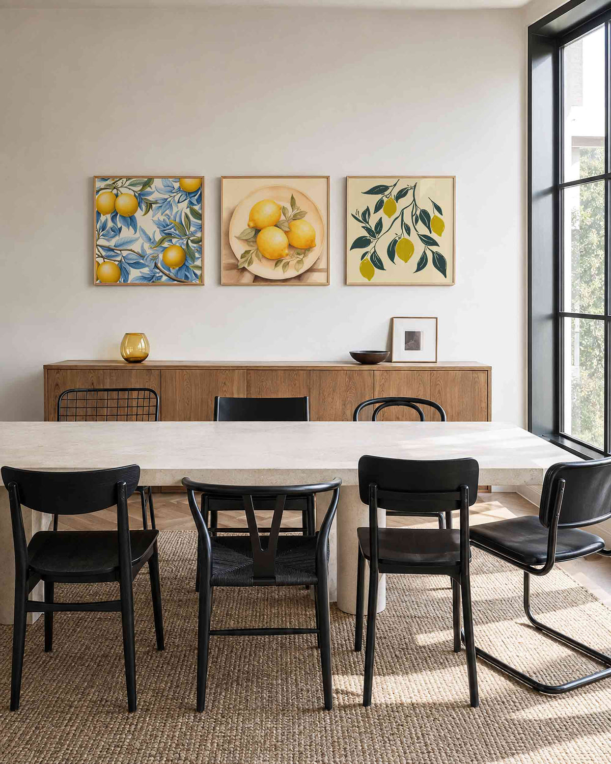 Interieurpresentatie van een driedelige vierkante posterset met citroenen en bladeren