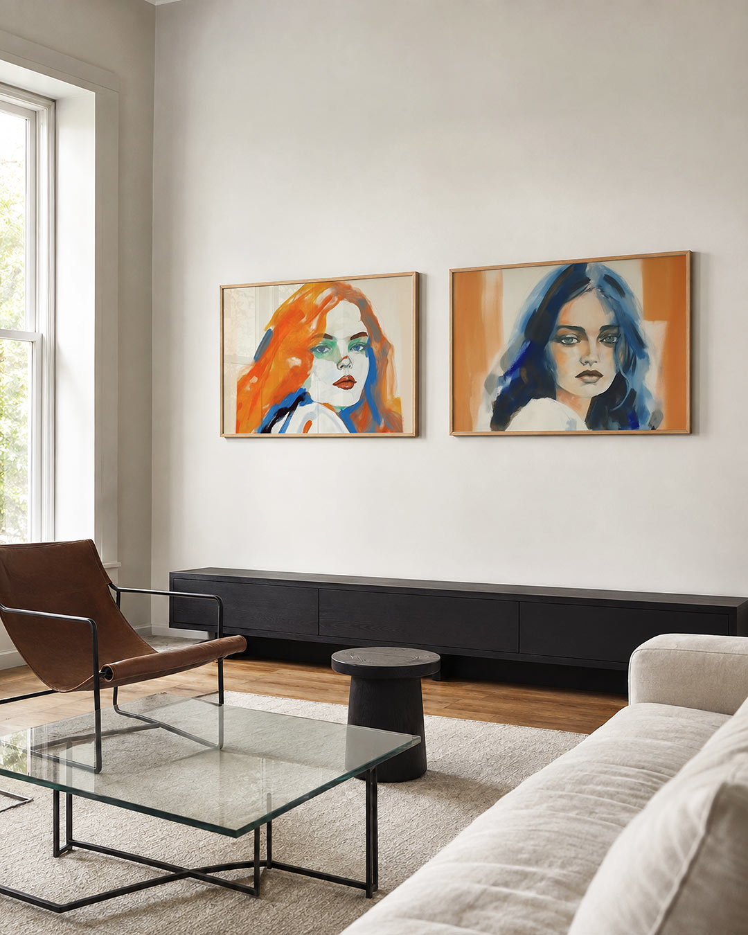 Tweedelige posterset met een expressief gezicht met levendige oranje en blauwe penseelstreken, getoond in een interieur
