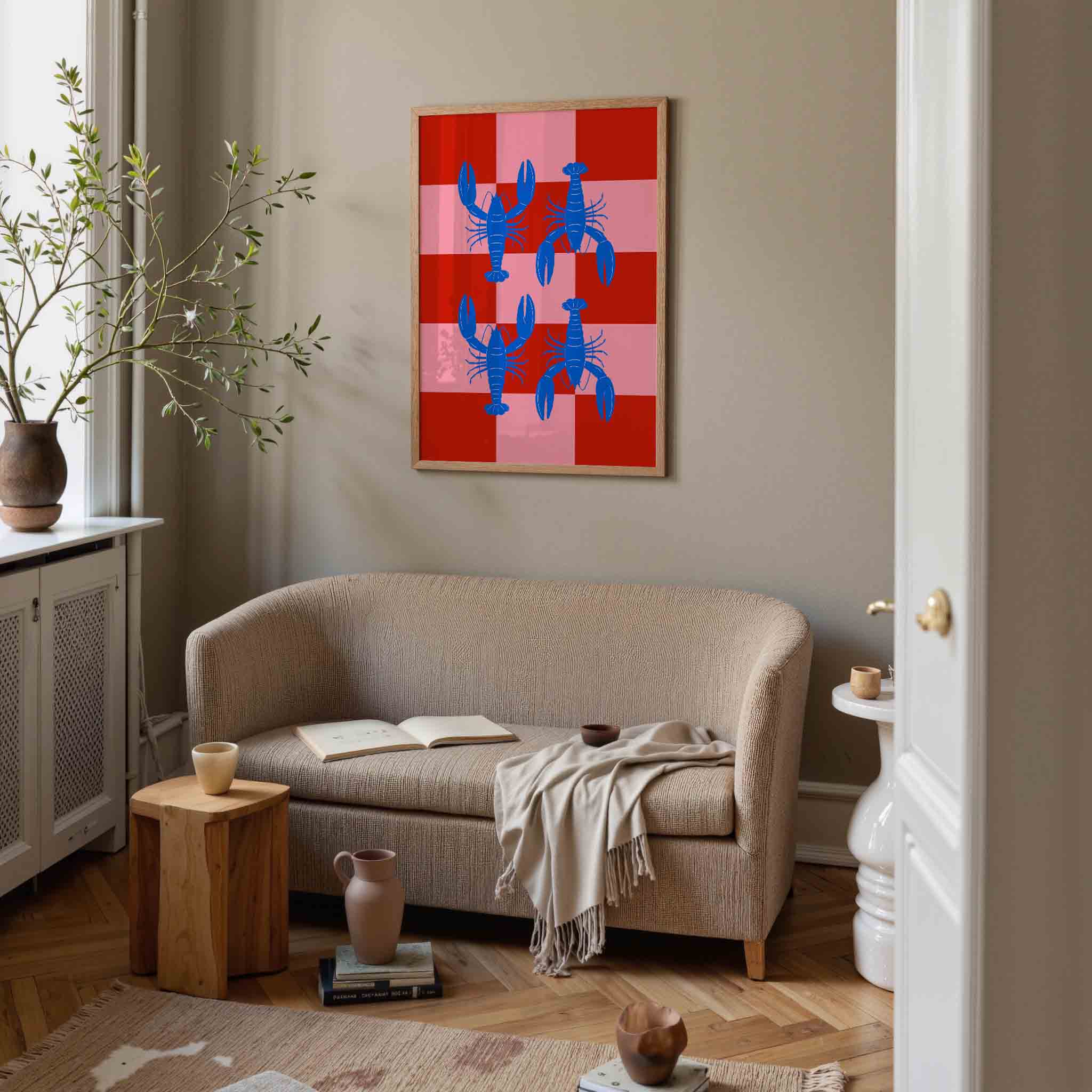 Blauwe kreeften op geruite achtergrond Poster