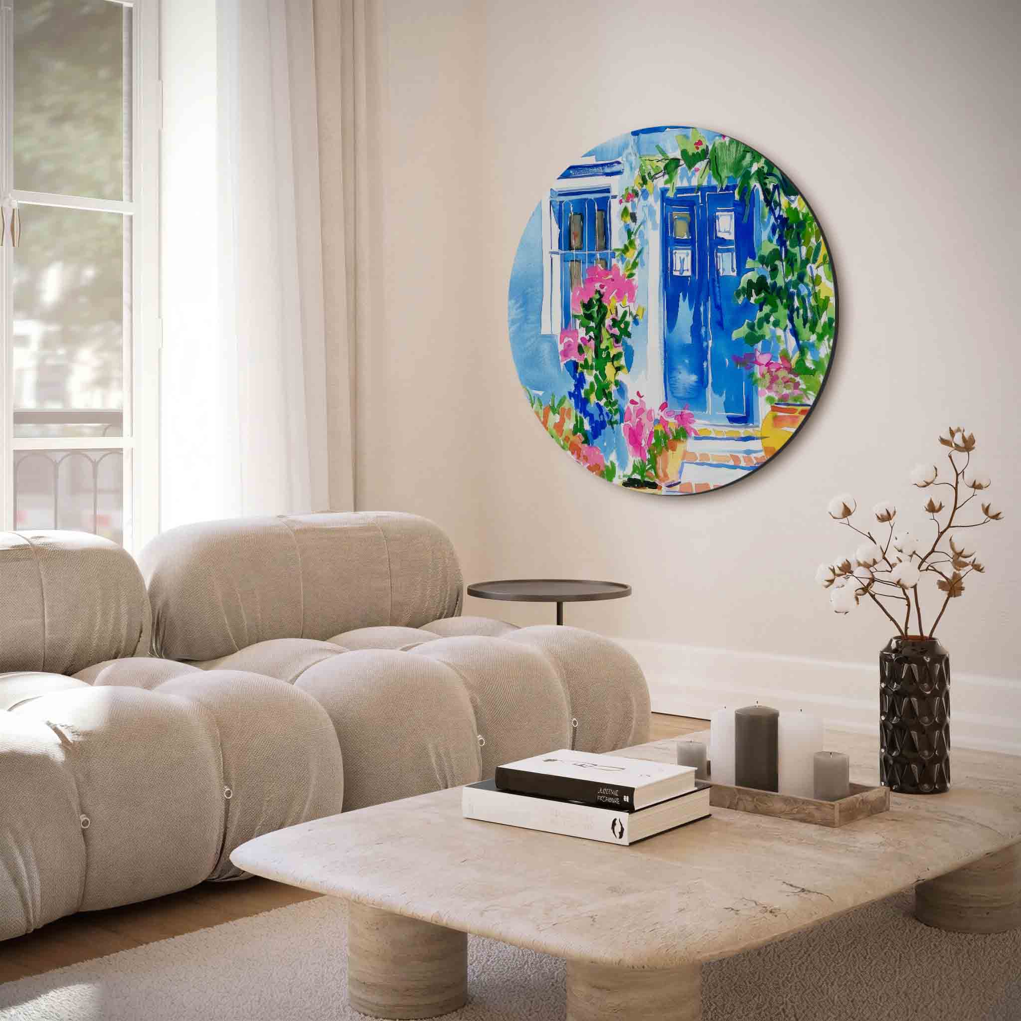 Blauwe deur met bloemen Muurcirkel