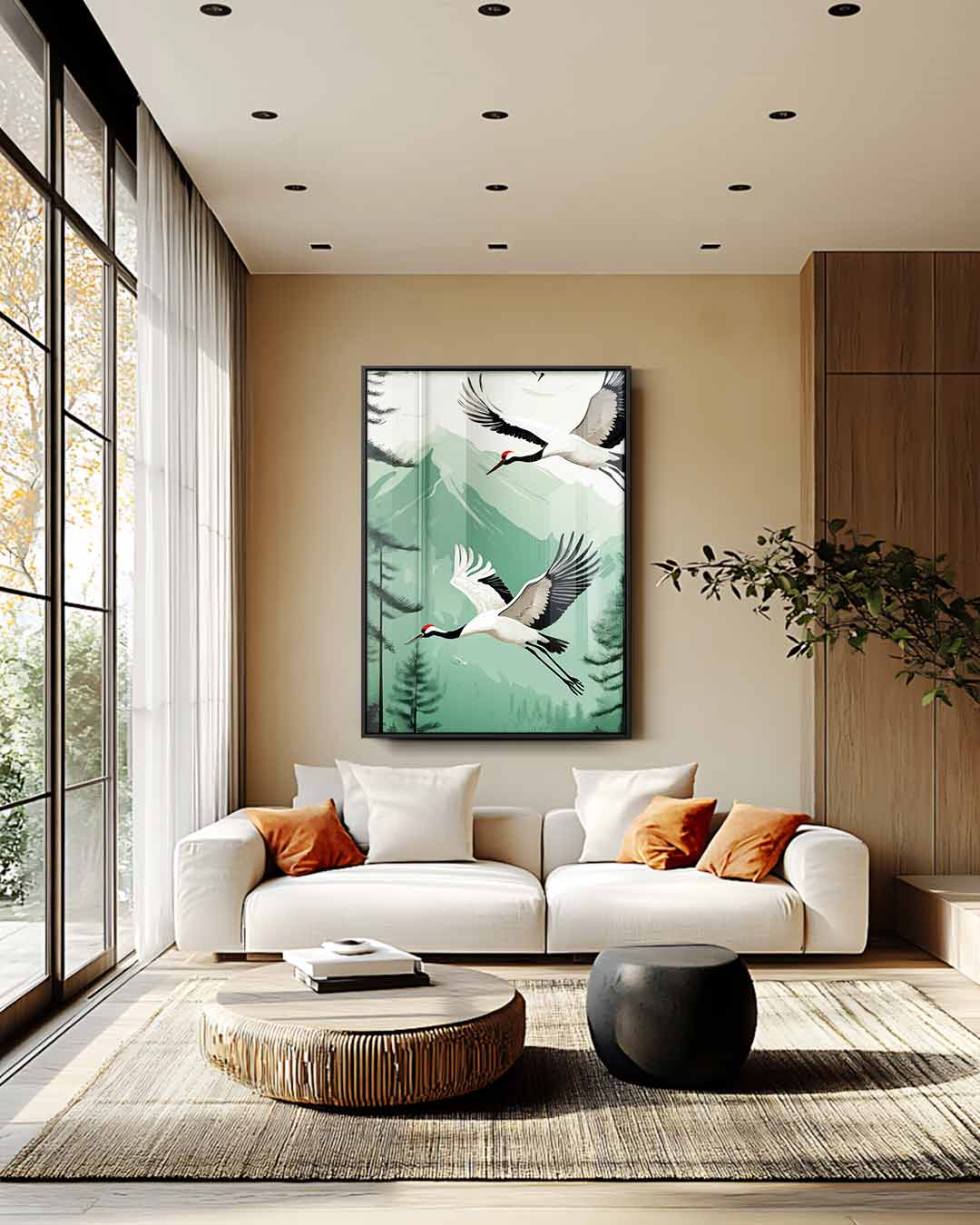 Kunstwerk: Fliegende Kraniche in einer Berglandschaft