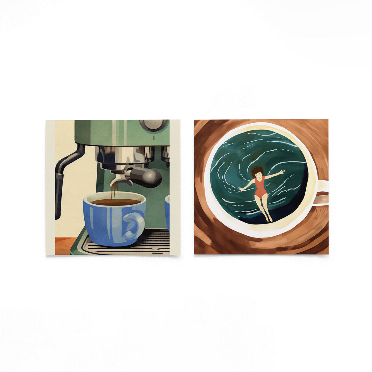Twee vierkante posters met koffie en zwemmer op een gebroken witte achtergrond