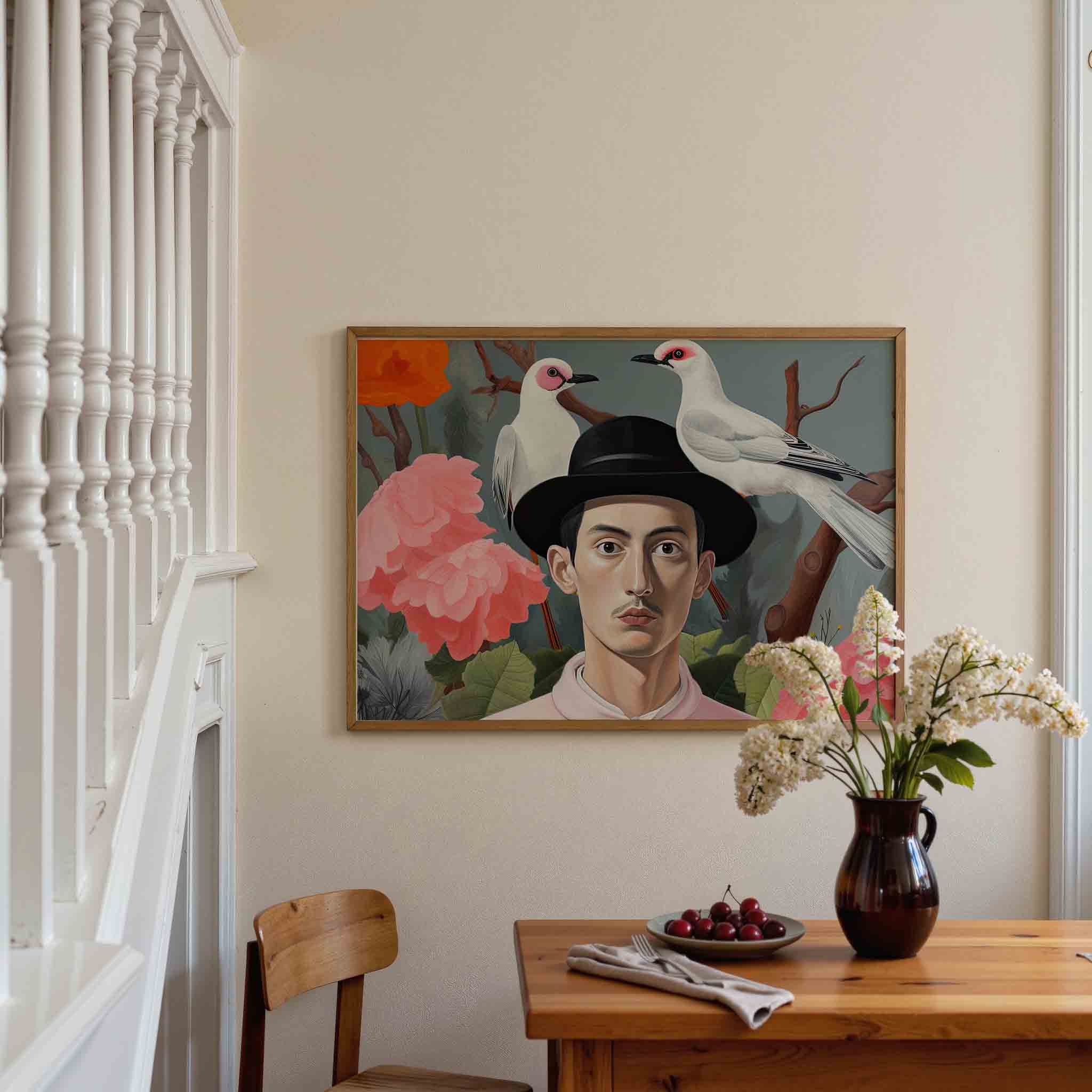 Man met hoed en vogels Poster