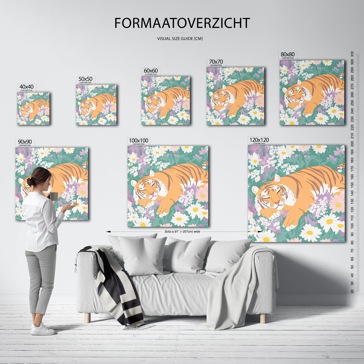 Slapende tijger tussen bloemen Poster