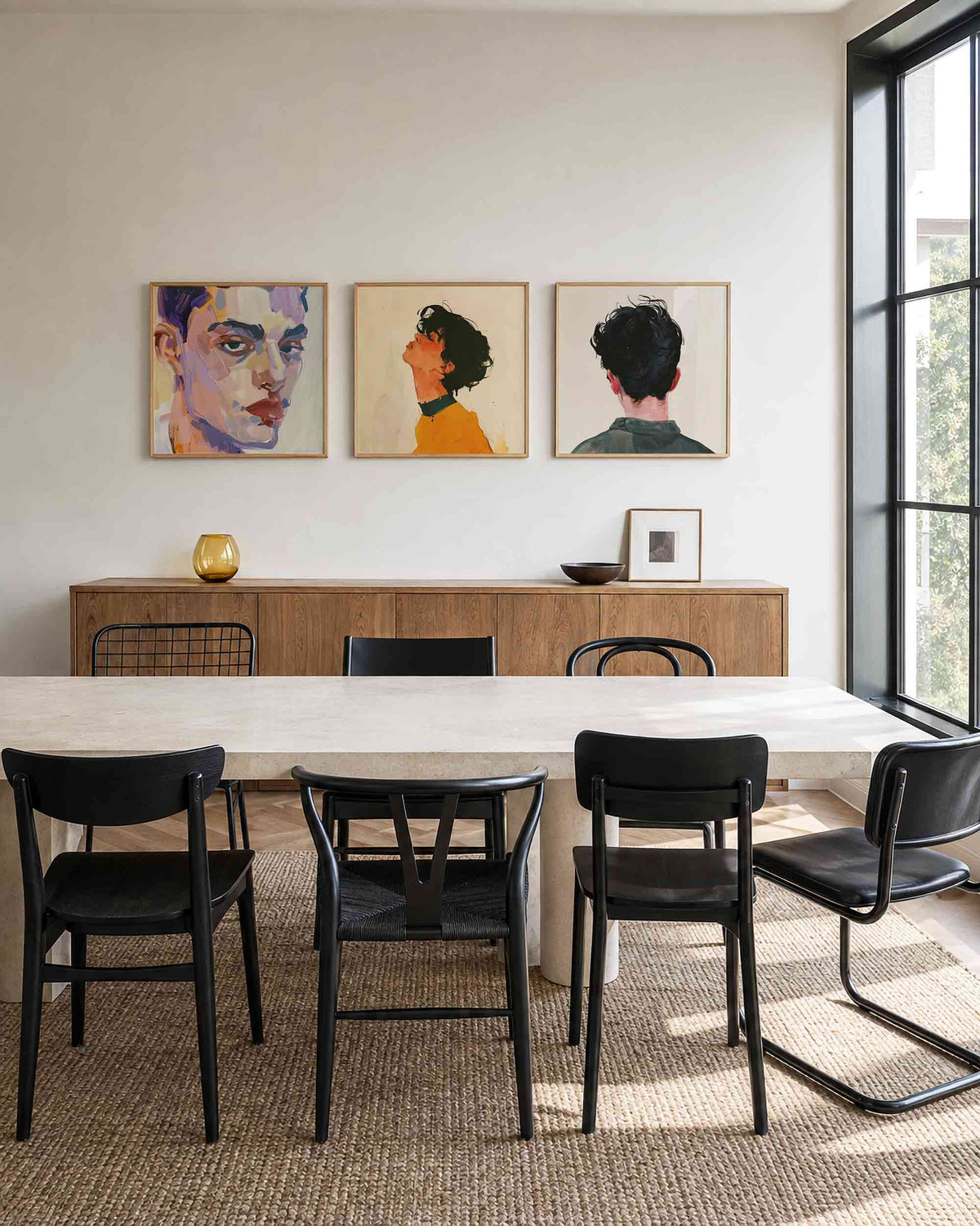 Interieurpresentatie van een driedelige vierkante posterset met portretten in kleur