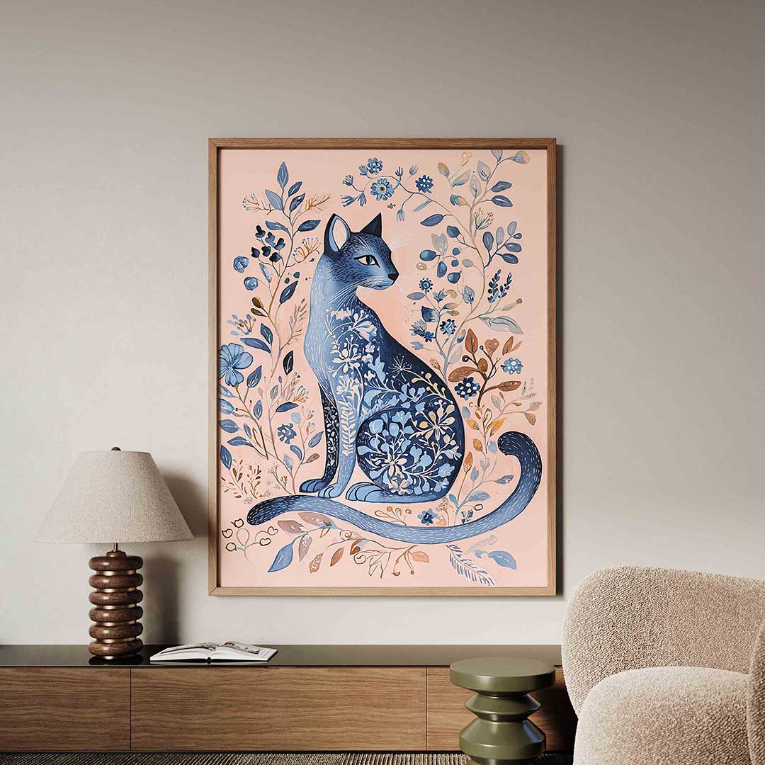 Blauwe kat met bloemen Poster