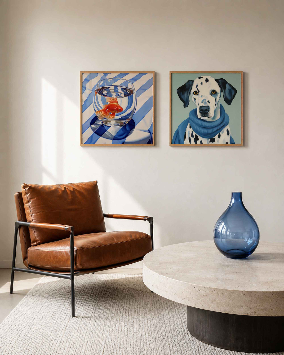 Interieurpresentatie van een tweedelige vierkante posterset met goudvis en dalmatiër