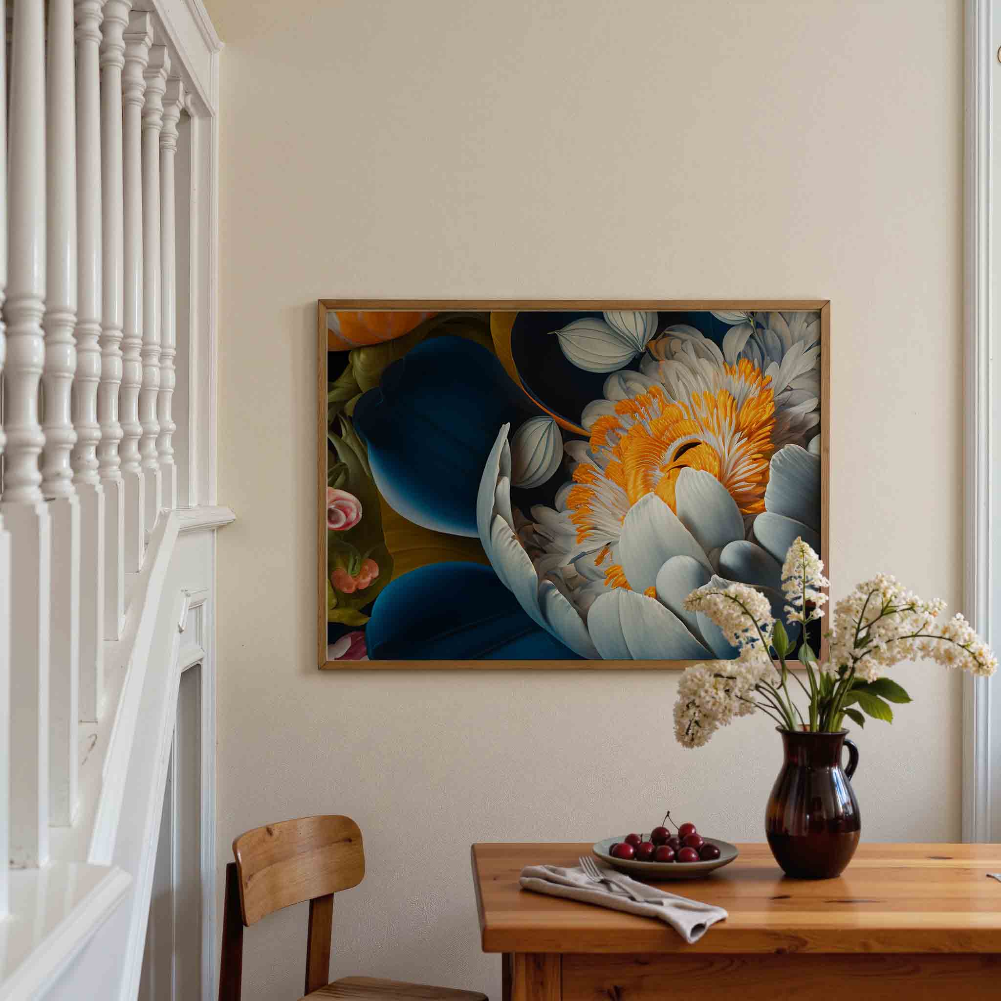 Bloem met blauwe en oranje accenten Poster