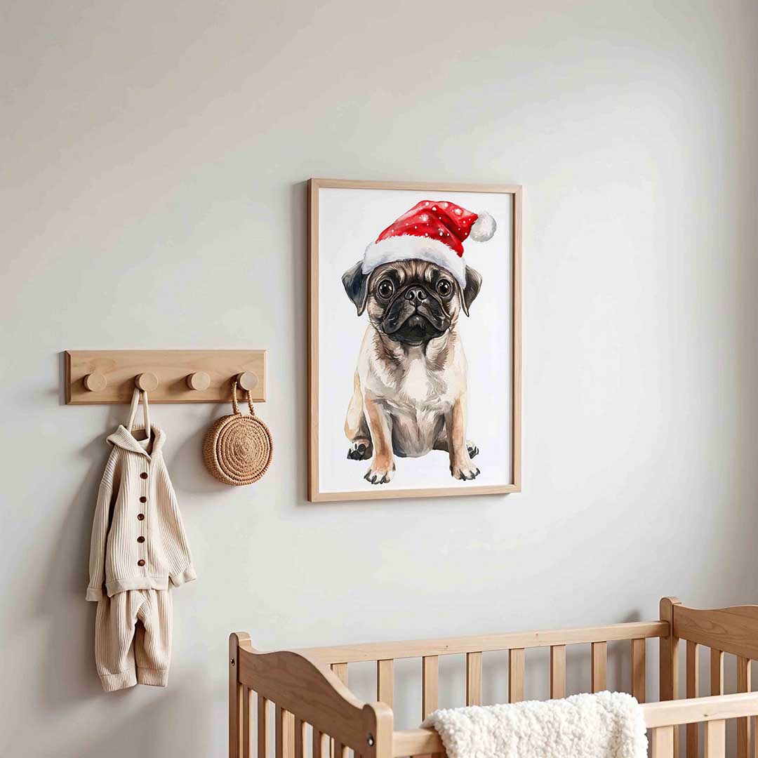 Mopshond met kerstmuts Poster
